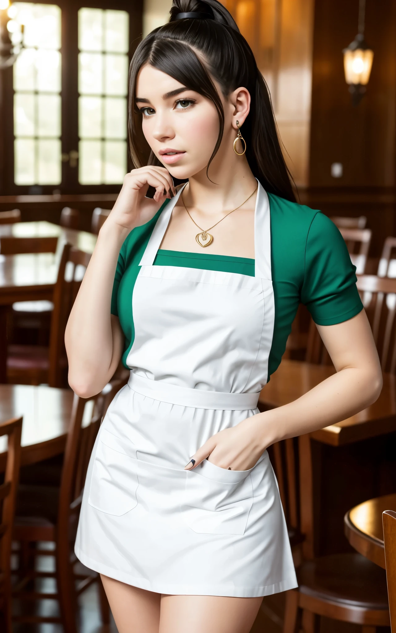 (Dua Lipa:Evangeline Lilly) waitress, ((white apron)), ((green shirt)), 1920 style, masterpiece, Lovecraft atmosphere, (pendant of a key), hyperdetailed, ((rule of thirds))