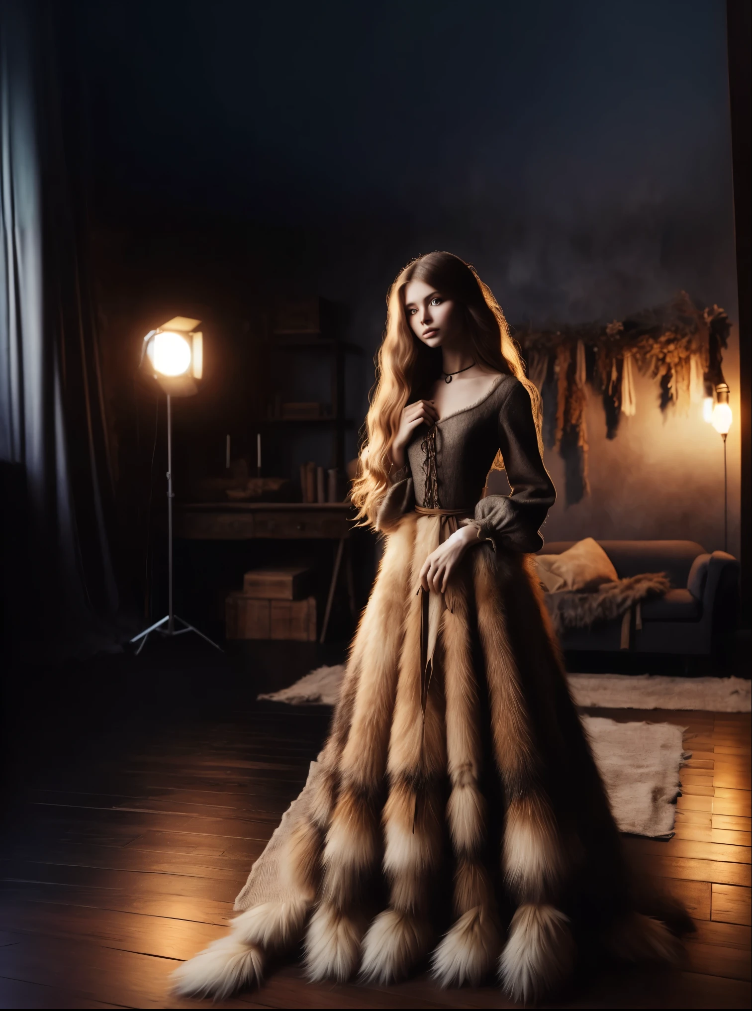 arafed image of a woman in a fur dress in a dark room, volumetric fur, dramatic cinematic detailed fur, wearing a magnificent dress, royal gown, expensive voluminous dress, wearing an elegant dress, natural fur, extravagant dress, elegant lady with alabaster skin, wearing fantasy formal clothing, (wooden floor), ornate gown, high-quality render
