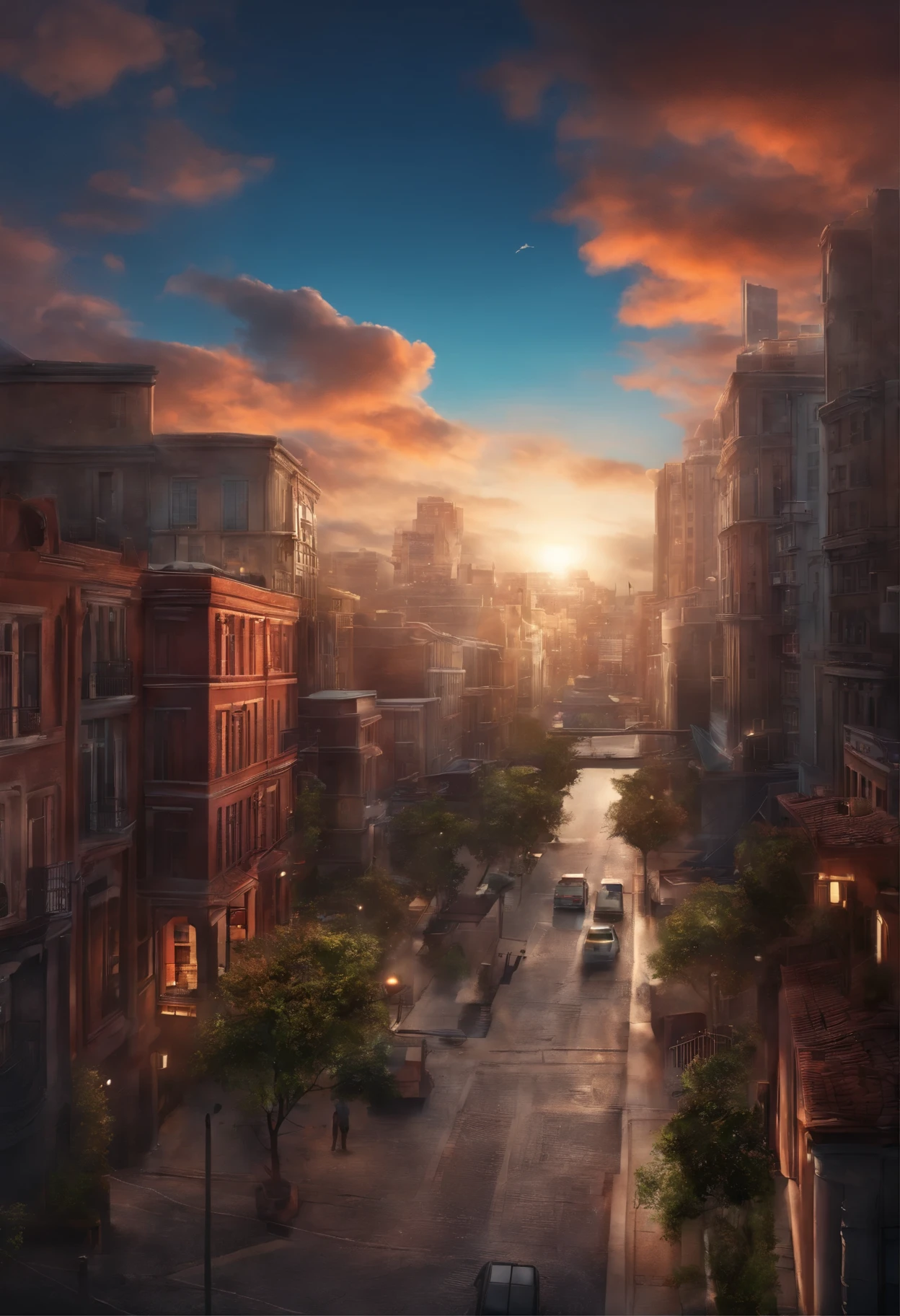 Create an urban backdrop, con edificios, Cielos vivos y coloridos, estilo de anime, dibujo, escenario de anime, UEC, nubes, Bird's eye view