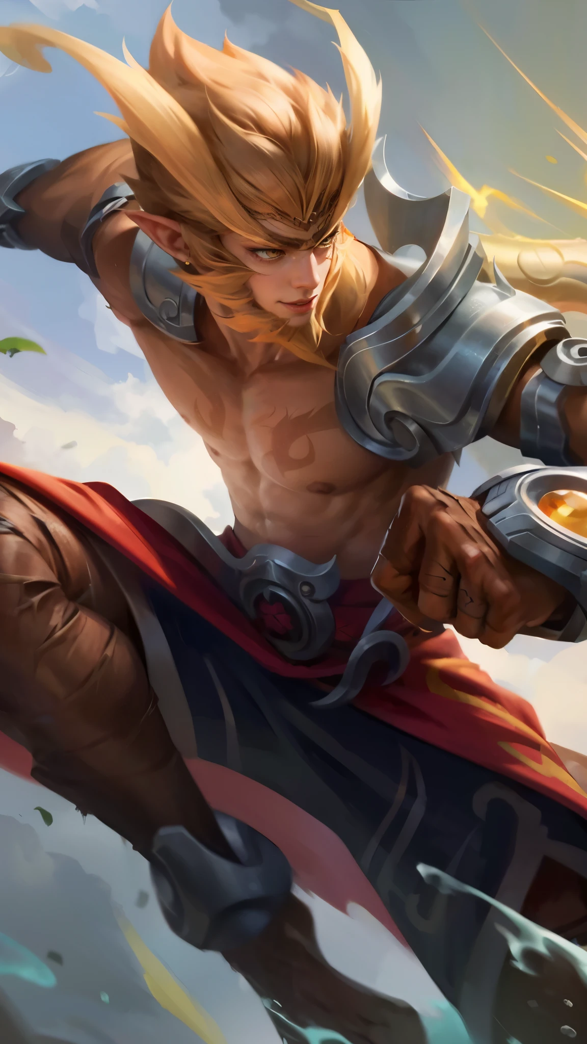 Best quality, masterpiece, detailed skin texture, detailed clothes texture, detailed face, super detail, 8k, intricate detail, 1 boy, The color doesn't change, Muscle guy, 1 guy, elf ear, face hair, sun wukong, wukong, sylas, tane skin, inspired by Li Kan, extremely detailed artgerm, official splash art, bian lian, ig model | artgerm, g liulian art style, inspired by Huang Shen, iconic character splash art, yellow eyes.