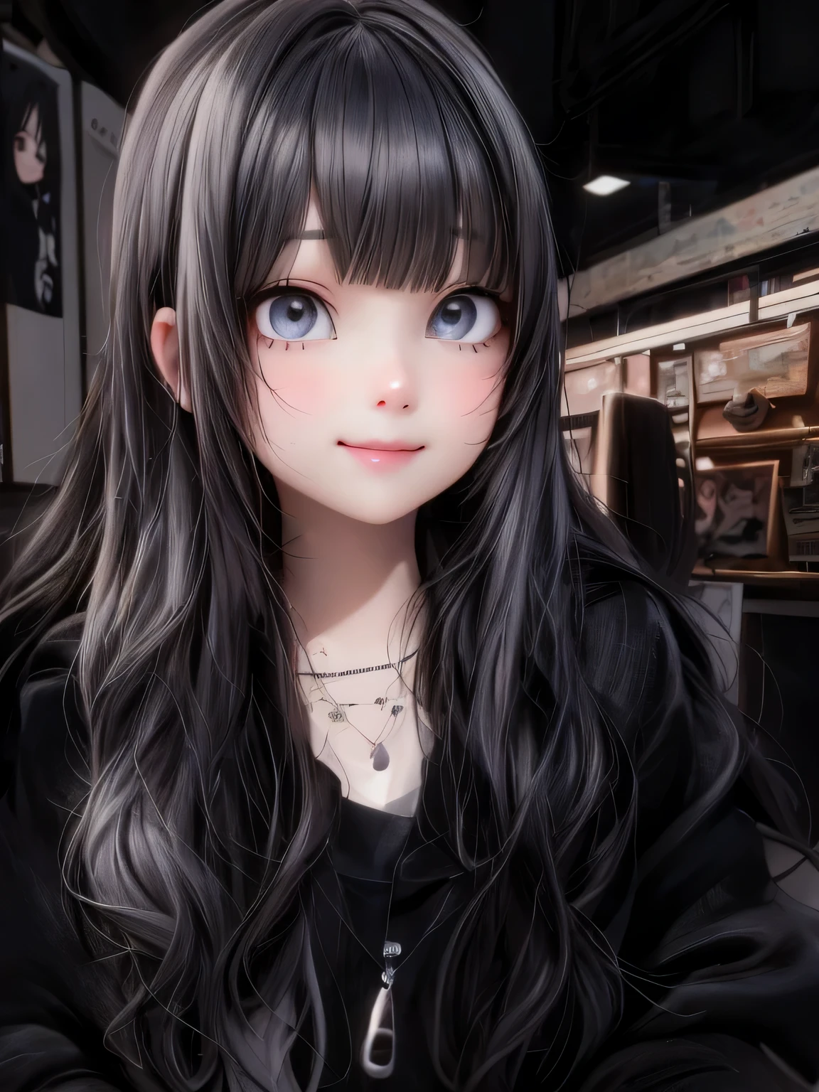 masterpiece, best quality, a close up of a cute girl smiling with long hair and a black jacket, black hime cut hair, cruel korean goth girl, 1 7 - - old me goth girl, she has black hair with bangs, with long hair and piercing eyes, ulzzang, long black hair with bangs, white hime cut hairstyle, black hair and large eyes, anime girl in real life, pale porcelain white skin, ultrarealistic, cute digital painting, cute digital art, realistic cute girl painting, cute detailed digital art, cute cartoon characters, beautiful character painting, cute characters, cute anime girl, cute cartoon, kawaii realistic portrait, digital cartoon painting art, cartoon cute, cute portrait, render a cute 3D anime girl, kawaii realistic portrait, anime moe art style, drawn in an anime artist studio