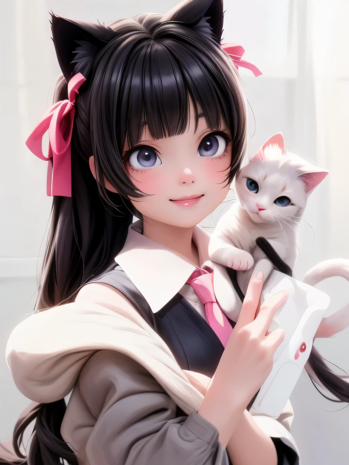 masterpiece, best quality, a close up of a cute girl smiling with a cat ears and a cat tail, anime girl cosplay, anime cosplay, black hime cut hair, anime girl in real life, white hime cut hairstyle, twintails hairstyle, shikamimi, with black pigtails, by Jin Homura, anime girl with cat ears, cosplay, she has black hair with bangs, pale porcelain white skin, ultrarealistic, cute digital painting, cute digital art, realistic cute girl painting, cute detailed digital art, cute cartoon characters, beautiful character painting, cute characters, cute anime girl, cute cartoon, kawaii realistic portrait, digital cartoon painting art, cartoon cute, cute portrait, render a cute 3D anime girl, kawaii realistic portrait, anime moe art style, drawn in an anime artist studio