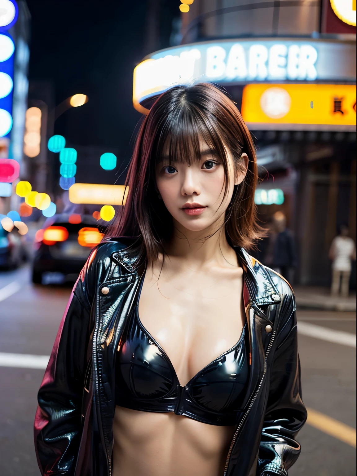 (8k、RAW Photos、top-quality、​masterpiece:1.2)、(realistic Photo-realsitic:1.37)、1girl in、japanese, 19-years old, small eyes, Street during the day, blurry background, natural soft light、face lights、photon mapping、Radio City、Dark brown hair、Detailed face、Detailed lips、(ฺblack patent leather jacket)、(open jacket:1.5), (no brassiere:1.2)、exposed armpit, one arm raised,