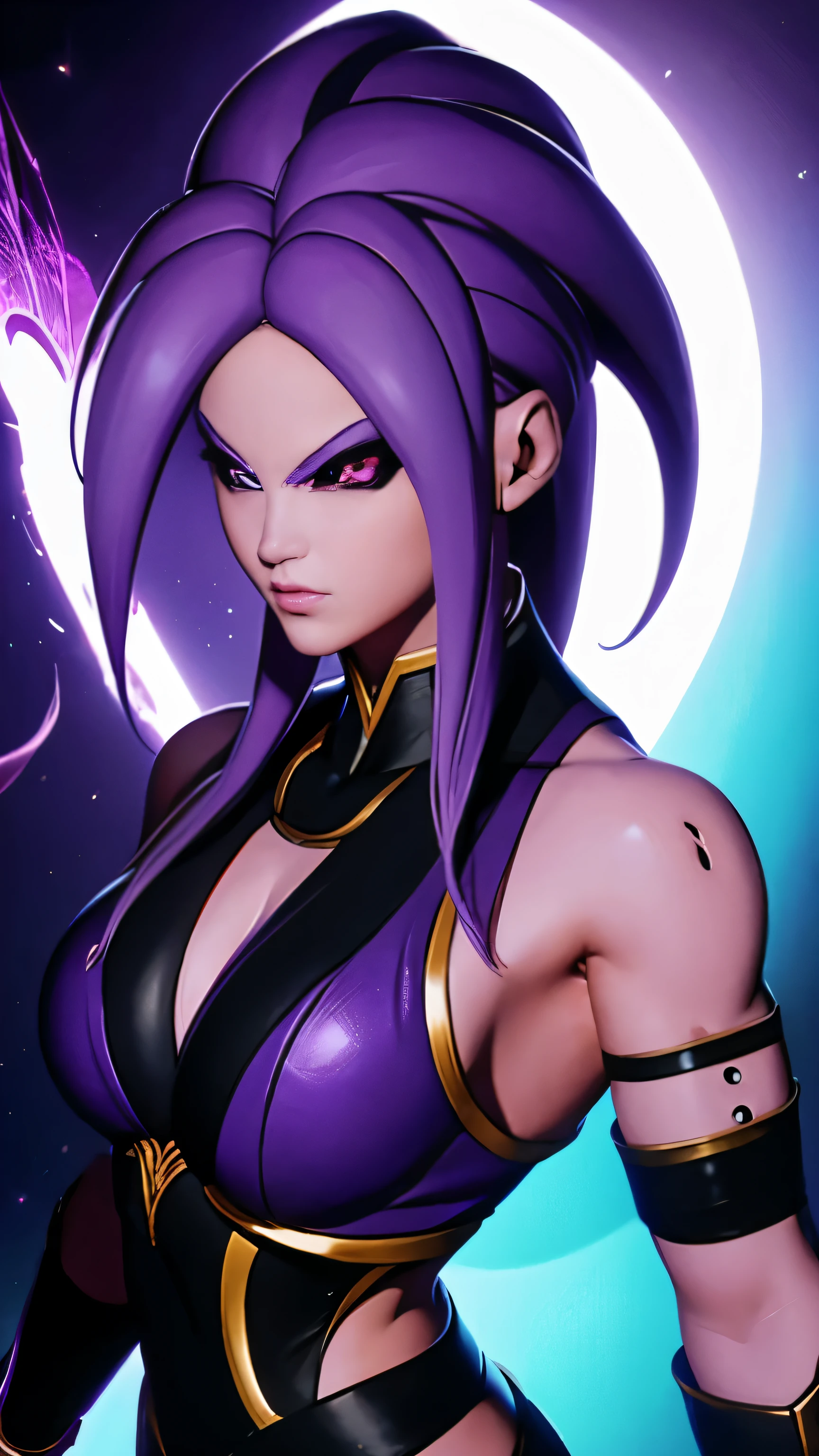 Uma linda mulher majin com cabelo roxo e olhos roxos brilhantes