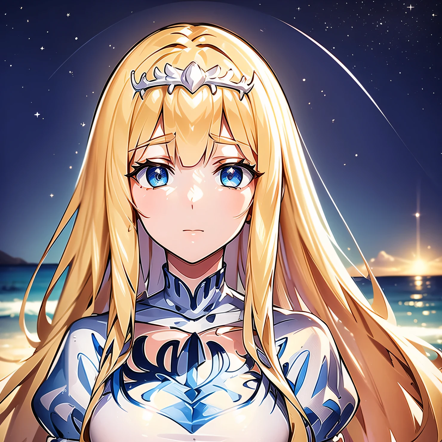 
BREAK looking at viewer, (cowboy shot:1.5),
BREAK outdoors, space, star \(sky\), sun, 
BREAK (masterpiece:1.2), best quality, high resolution, unity 8k wallpaper, (illustration:0.8), (beautiful detailed eyes:1.6), extremely detailed face, perfect lighting, extremely detailed CG, (perfect hands, perfect anatomy), 1girl, Calca, blonde hair, extremely long hair, white tiara, white dress, blue eyes, medium breasts