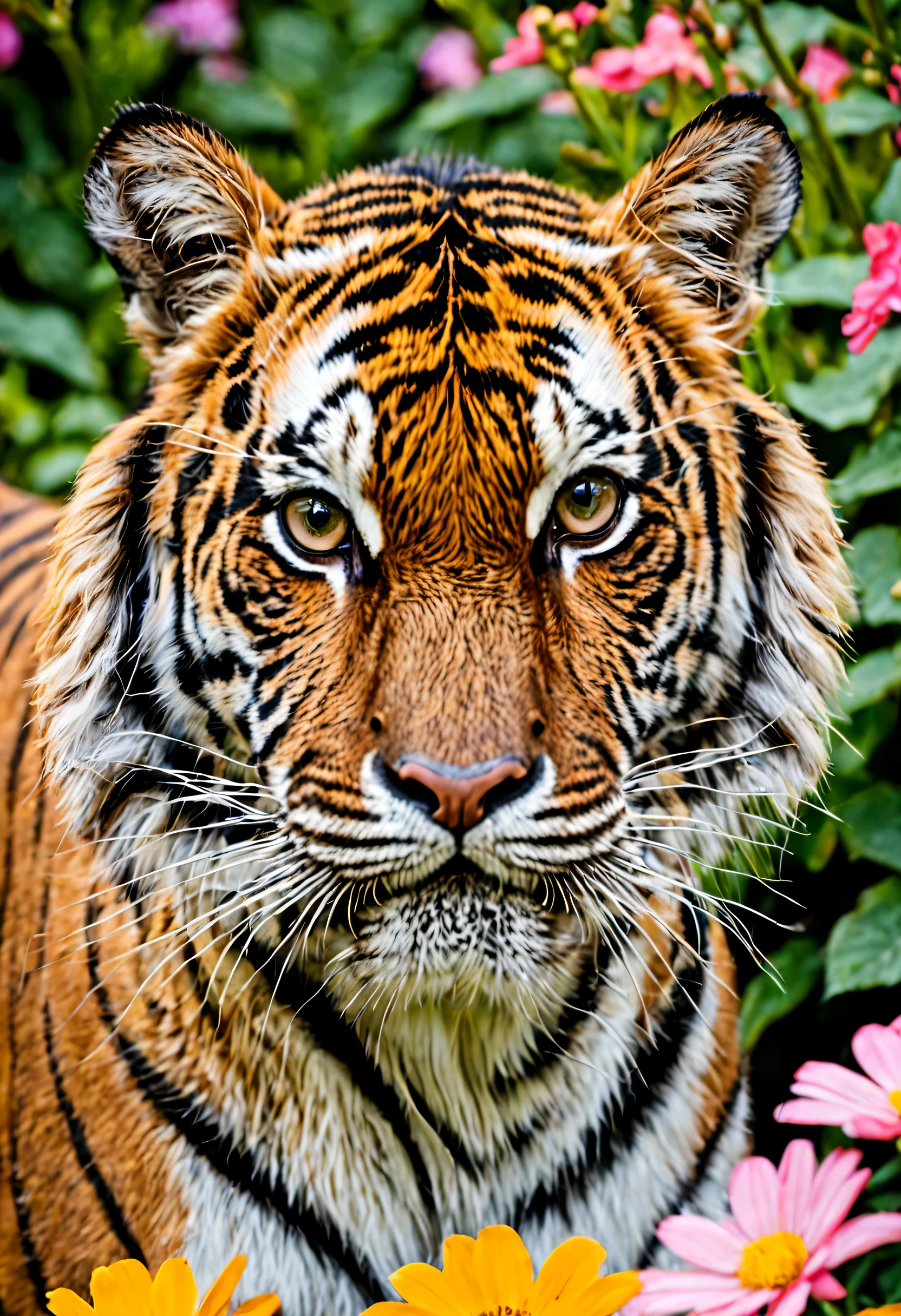 closed portrait  photo shot, tiger, breathtaking, looking directly to the camera, flower garden
