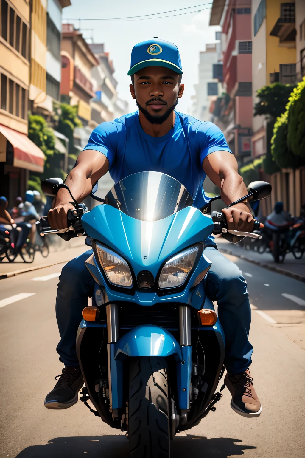 Hyper realistic photographie of an African deliveryman, wearing a vibrant blue T-shirt, confidently navigating the bustling streets of Yaounde, Cameroon on his sleek moto bike. The picturesque scene showcases the vibrant energy and charm of the city, with its colorful buildings and vibrant atmosphere. The deliveryman's focused expression and skilled maneuvering reflect his expertise and dedication to his craft.