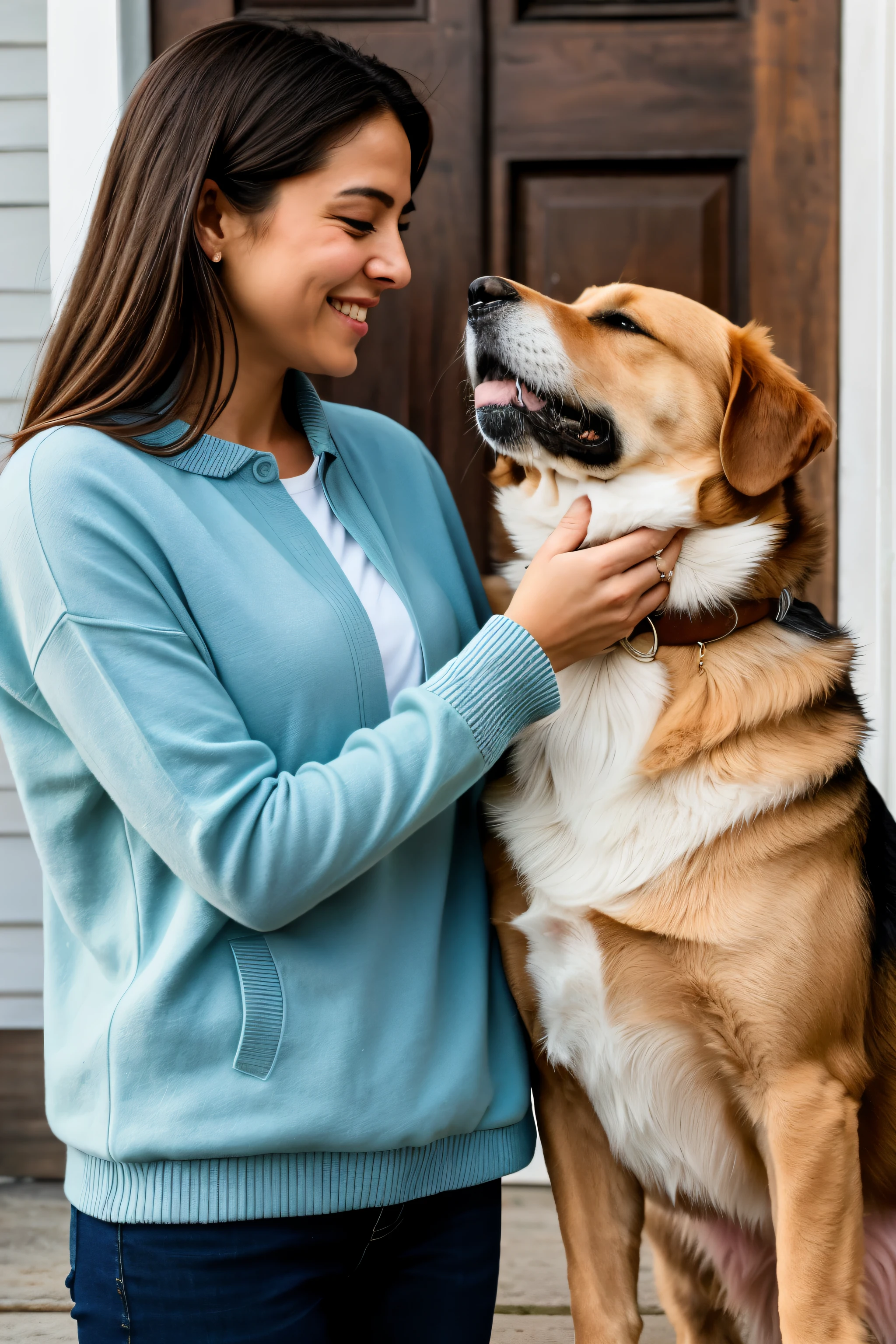 melhor qualidade, obra de arte,4k , um cachorro dando a pata para uma mulher. the image must convey feelings of trust and love. The dog and the woman should be portrayed in a warm and friendly manner, emphasizing the bond between them. Use suave, inviting colors and incorporate elements that evoke a sense of trustworthiness and compassion