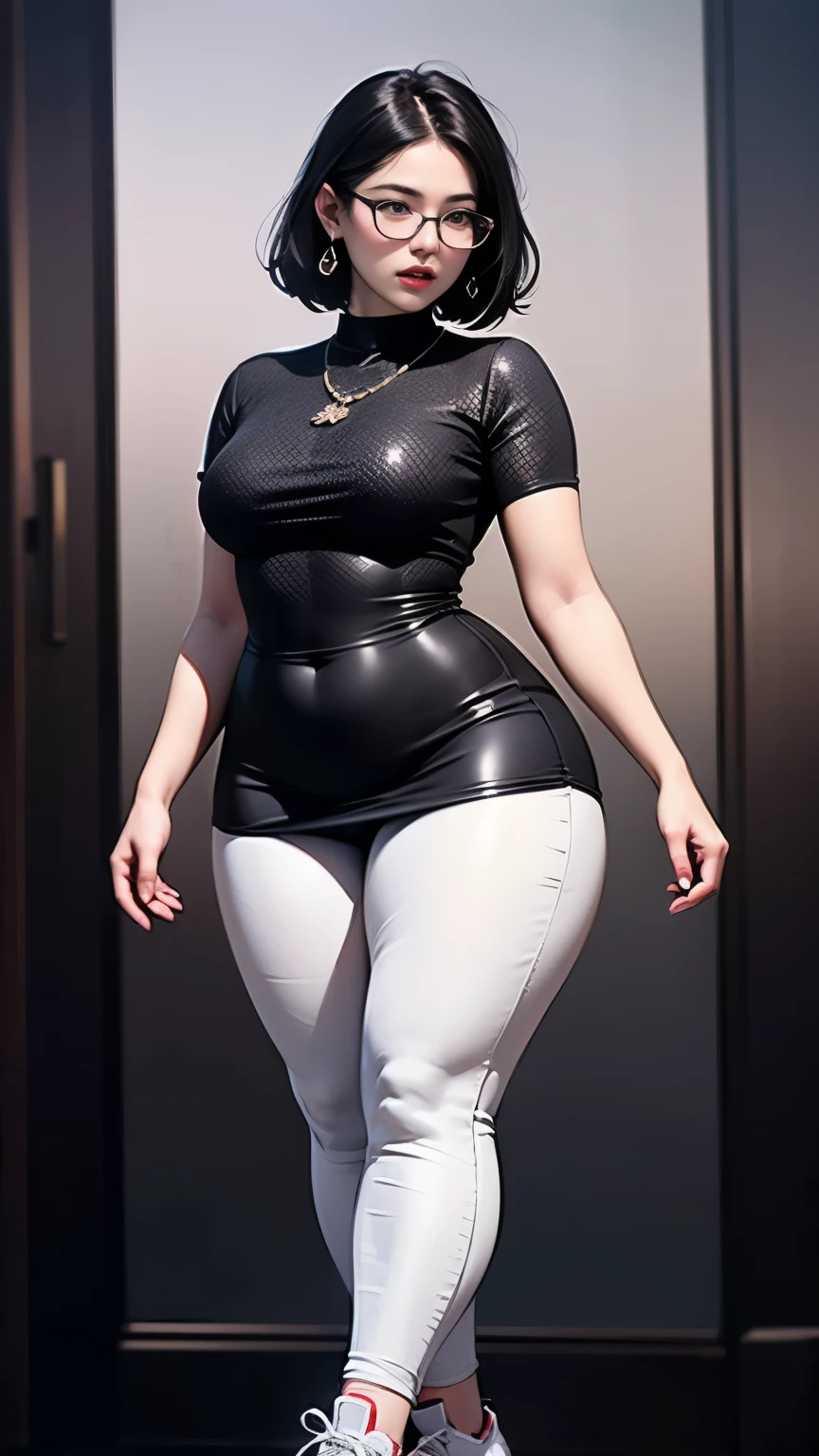 ((best quality)), ((masterpiece)), (detailed), perfect face, chubby woman, chubby face , chubby girl , widest hips , fat belly , thick neck ,, thicc , thick body , thick thighs , thick arm, small breasts but her body is a chubby, full body view, dark-black room, black bokeh background, thight dress, wearing sneakers, short hairstyle, diamond necklace, wearing a watch, tall woman, restore face, white skin , longest thight pants , glasses , cold vibes, , 4k resolution, japanese goddess,voluptuous 