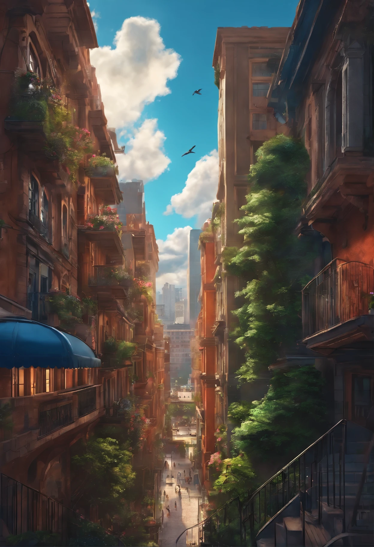 Create an urban backdrop, con edificios, Cielos vivos y coloridos, estilo de anime, dibujo, escenario de anime, UEC, nubes, Bird's eye view