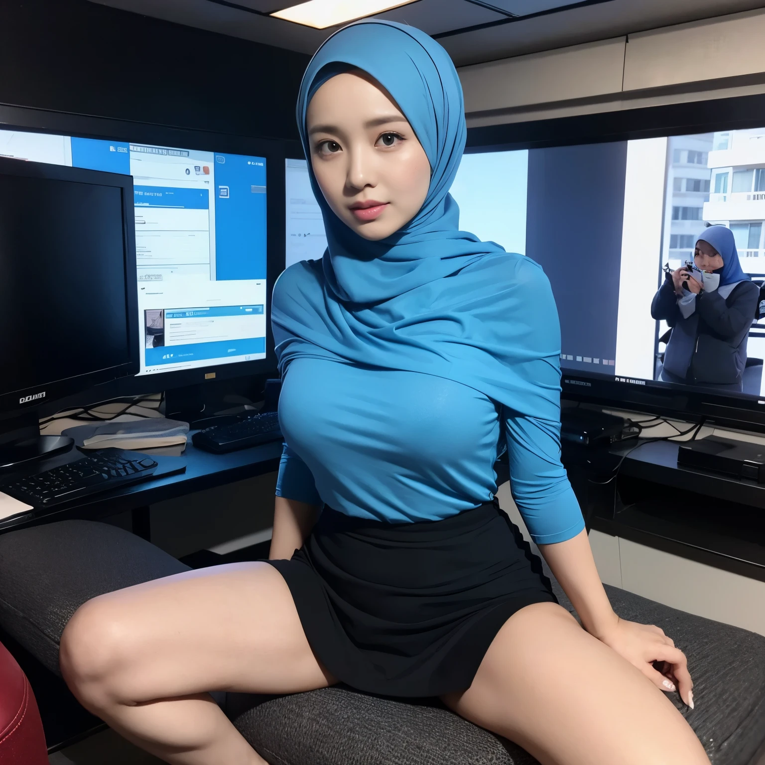 36 Years old, Female News Anchor, Indonesian Beautiful  Hijab Woman, Wearing Casual Shirt, wearing Mini Skirt, Realistic Ultra Gigantic Breast, Breast About to Burst out, PP cup Breast, Seducting Look. Full body, Open up legs, Pussy Through, seductive body language, At News Studio,