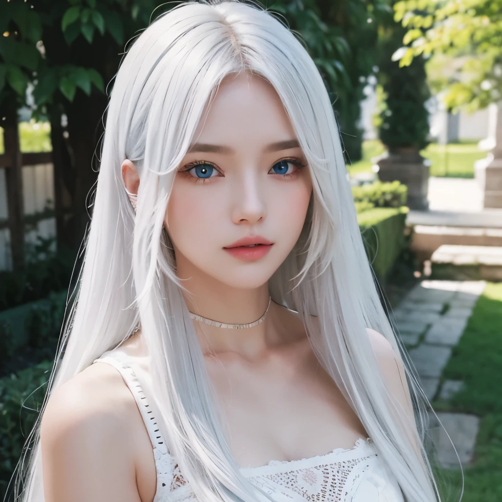Long white hair, blue eyes, serious features, white skin, loose style, in a garden