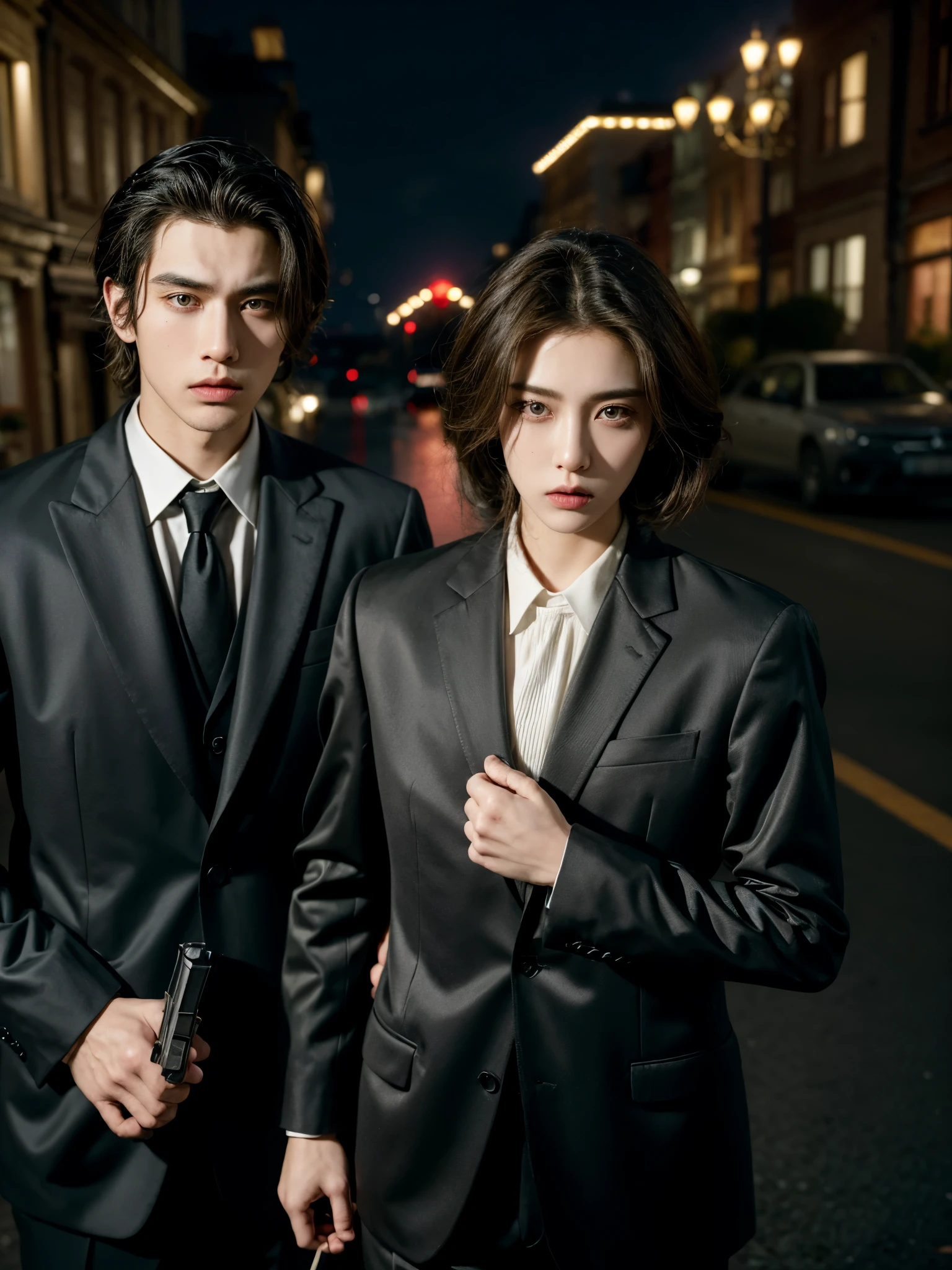 A portrait of a beautiful and handsome pair couple with formal suits standing at night, holding a semi-automatic gun in their right hand, mafia vibes, menacing expression, closeup, korean face, ultra realistic, background is a quiet looking city street, with old buildings of European architecture and cars parked on side of the road.