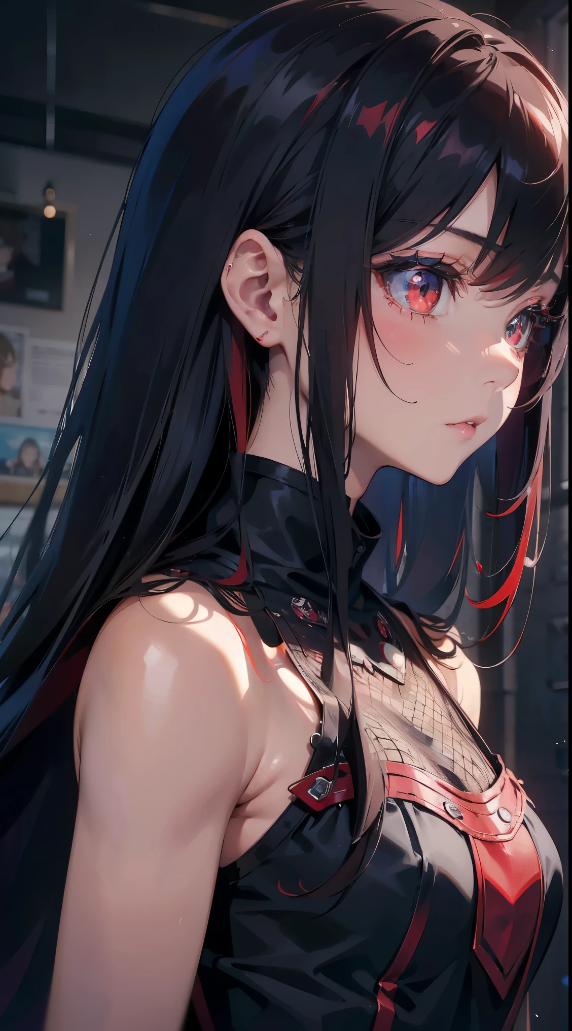 (Best Quality,4K,High resolution), 18yo woman, Red mesh hair on black hair, Shiny long straight hair, Innocence,sharp eye、red eyes、small nose、eye liner、 Luxury Black Silk Babydoll、Lonely face、Shoku、profile、slenderbody、Comical appearance,comic strip,animesque,Deformed cute illustration、Delicately expresses realistic skin texture、Muscle texture reproduction、Knife Art