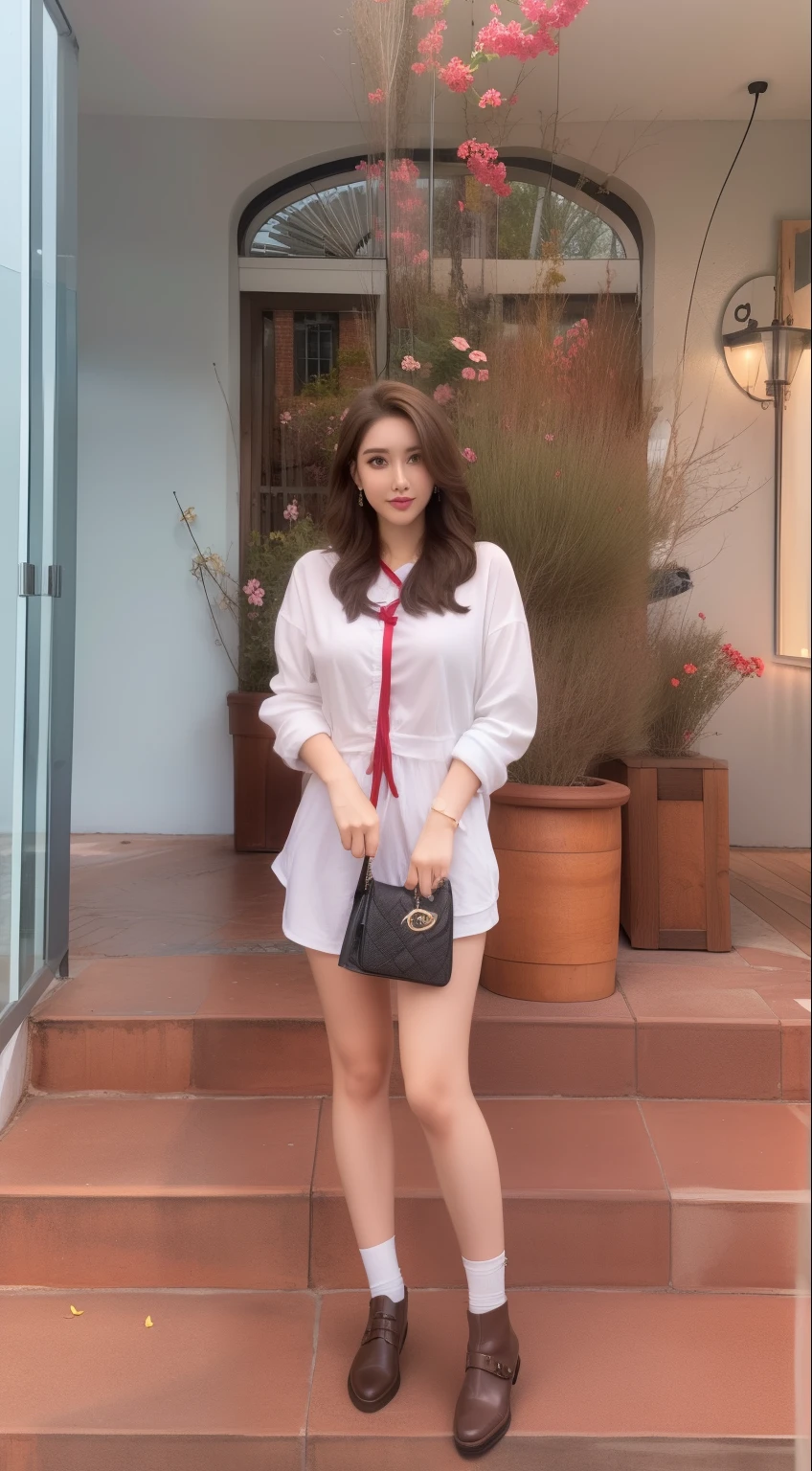 1girll, Blurry, Blurry_Background, brown_Eyes, brown_Hair, Depth_af_Field, Earrings, flower, full_Moon, Hair_flower, Hair_decorations, Lips, Looking_at_peeping at the viewer, Moon, Moonlight, Night, Night_sky, Outdoors, Red_Moon, sky, 独奏,Bigchest,full bodyesbian,self-shot,White shirt for men