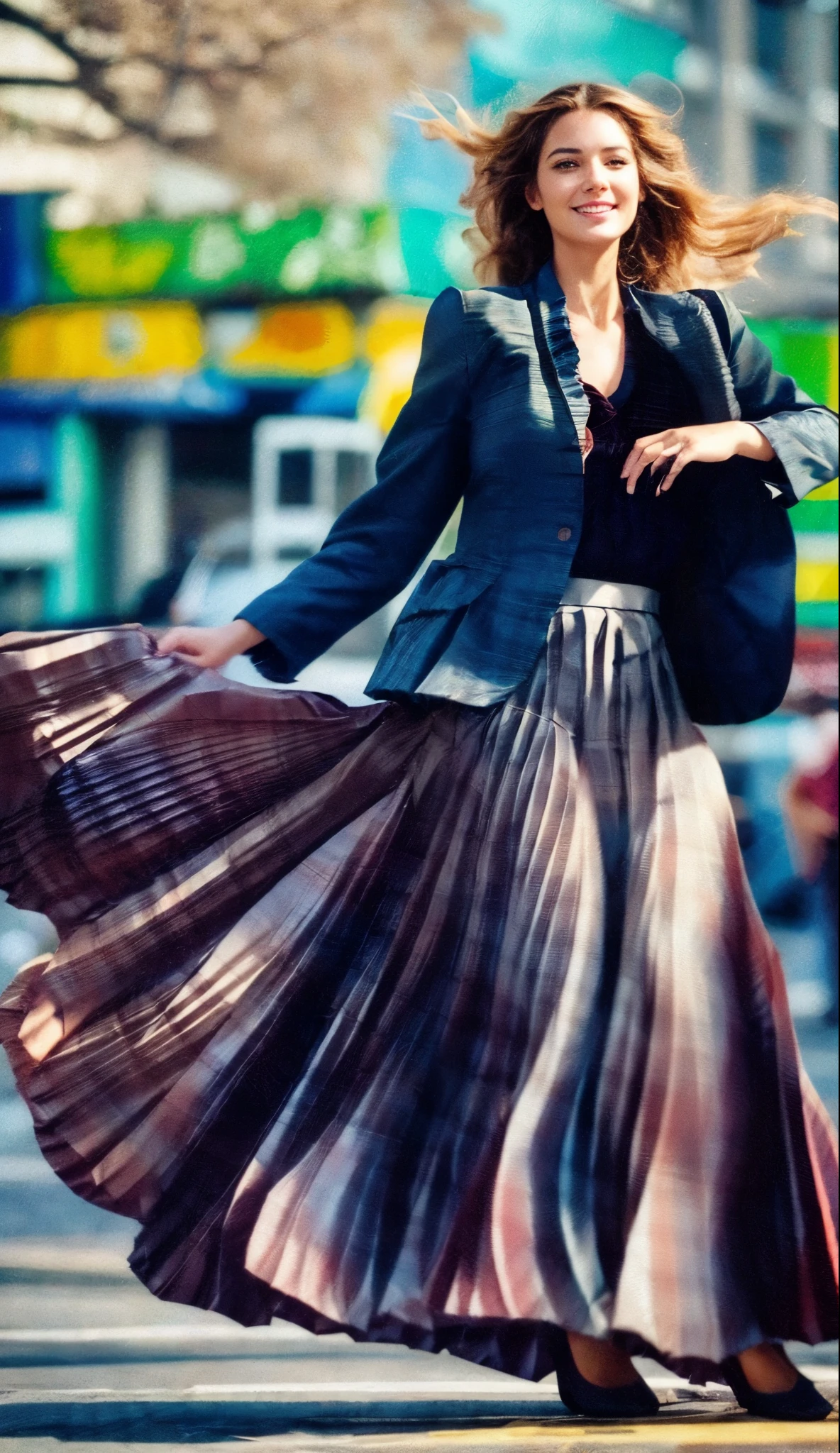 A smiling, authentic, (shy:1,3), kind, beautiful woman, is passionately in love with her skirt, while wind lifts her skirt, wearing short blazer and very very detailed (long (fully pleated:2) full circle skirt) and (low heeled court shoes), very very intricate hyper-detailed symmetric (attractive graceful young feminine face) with (sad, tired eyes and a loving smile), large breasts, full of empathy and compassion and love, (pronounced (feminine) features), (highly detailed ultra accurate realistic) hands and fingers, (windy), epic composition, highly detailed attributes, (35mm f1.4 Kodak portra 400 photograph), extremely high quality RAW photograph, highly detailed atmosphere, sci-fi, cinematic shot, dynamic lighting, 75mm, Technicolor, Panavision, cinemascope, sharp focus, fine details, 8k, HDR, realism, realistic, key visual, film still, superb cinematic color grading, depth of field
