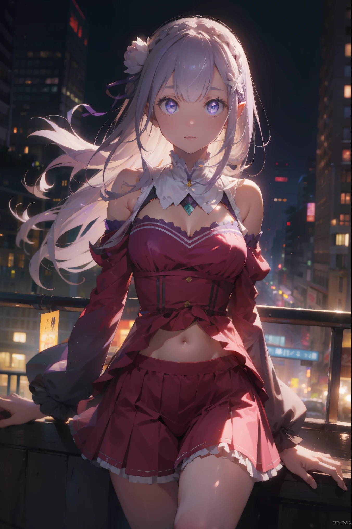 rezeroemilia, emilia, braid, crown braid, flower, hair flower, hair ornament, hair ribbon, long hair, low-tied long hair, (purple eyes:1.2), pointy ears, white flower, x hair ornament,
BREAK bare shoulders, detached collar, dress, long sleeves, low-tied long hair, navel, pink dress, shoulder cutout, thigh gap, wide sleeves,
BREAK outdoors, city,
BREAK looking at viewer, BREAK (masterpiece:1.2), best quality, high resolution, unity 8k wallpaper, (illustration:0.8), (beautiful detailed eyes:1.6), extremely detailed face, perfect lighting, extremely detailed CG, (perfect hands, perfect anatomy),
