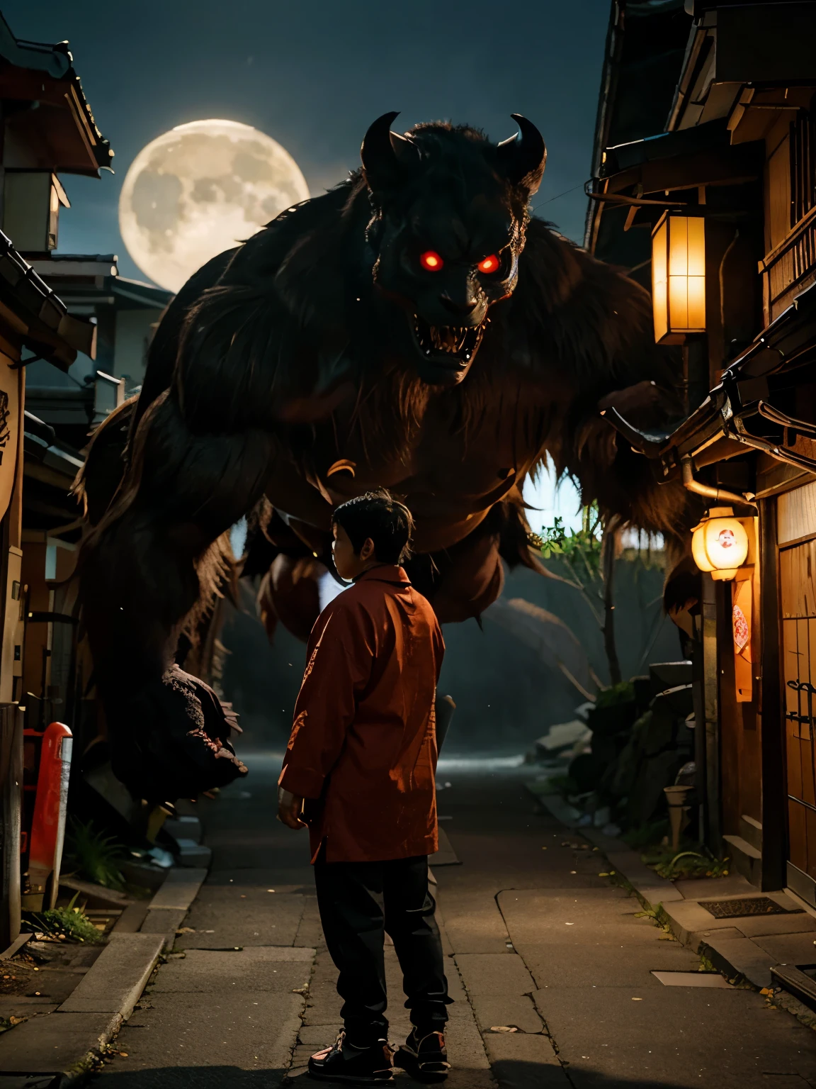 Photorealista, hightquality, ​masterpiece, Film composition, (Towns and monsters),Rough village with many lights on the buildings々Nice view, (grotesque monsters,There are monsters in town,Monsters are hiding),dreamy Chinese towns、Chinese Village、amazing wallpapers、Japan、Japan Village、Ultra-realistic town photos、Old Asian Village、japanese city,By Raymond Han、rainy evening、Cyberpunk Chinese castles、beautifully lit buildings、Evening in the rain、Beautifully Aesthetic、a picture、film like、8K、high detal ((Heavy rain)))