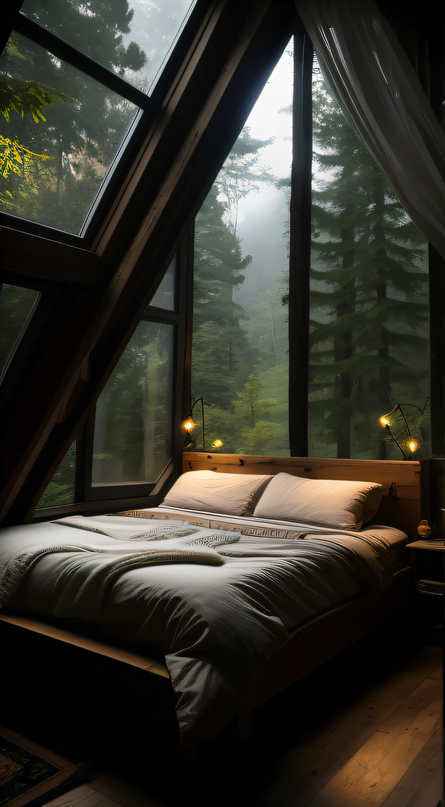 The Alafard bedroom has a queen-size bed and a large window, large windows to forest at night, Comfortable tree house bedroom, cozy bed, cosy atmoshpere, cozy room, cozy place, cozy environment, nestled in a forest, cozy and calm, Window bed, moody ambiance, cozy and peaceful atmosphere, natural light in room, natural window lighting, with backdrop of natural light