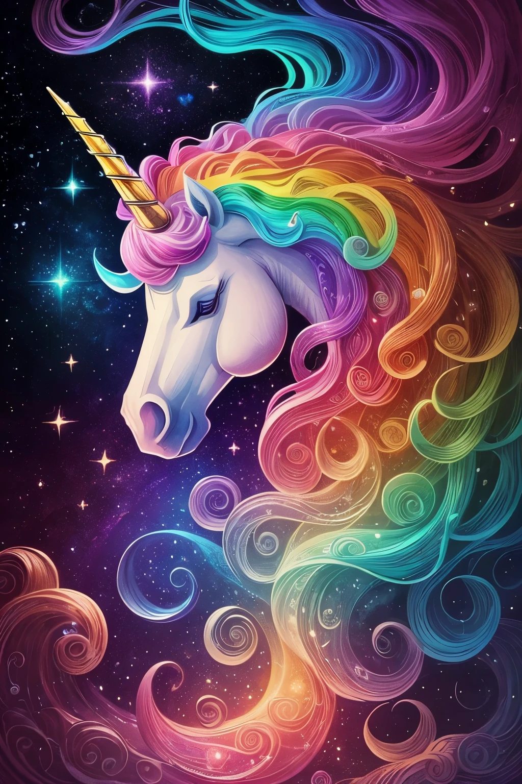 ((animal,unicorn,curly wavy rainbow)),美しいunicorn,(highest quality,High resolution:1.2),super detailed,fine brush strokes,Colorful palette:No Rainbow,studio lighting,想像力豊かなunicorn,beautifully decorated mane,sparkling eyes:2.2,Flowing mane and tail,bright and vibrant colors,Playful and happy expression,Fantastic and magical atmosphere,Dreamy background with celestial bodies,Elaborate and intricate Zentangle patterns,dynamic,illusion of movement and depth,Mythical creatures and enchanting landscapes,magic light and shine,Explosion of bright colors and celestial bodies,Flowing swirling starry sky,Thick impasto strokes characteristic of Van Gogh,Starry sky swirl and paint swirl,(fantasy,hand-drawn style,like an illustration),(soft color palette,pop,fancy)