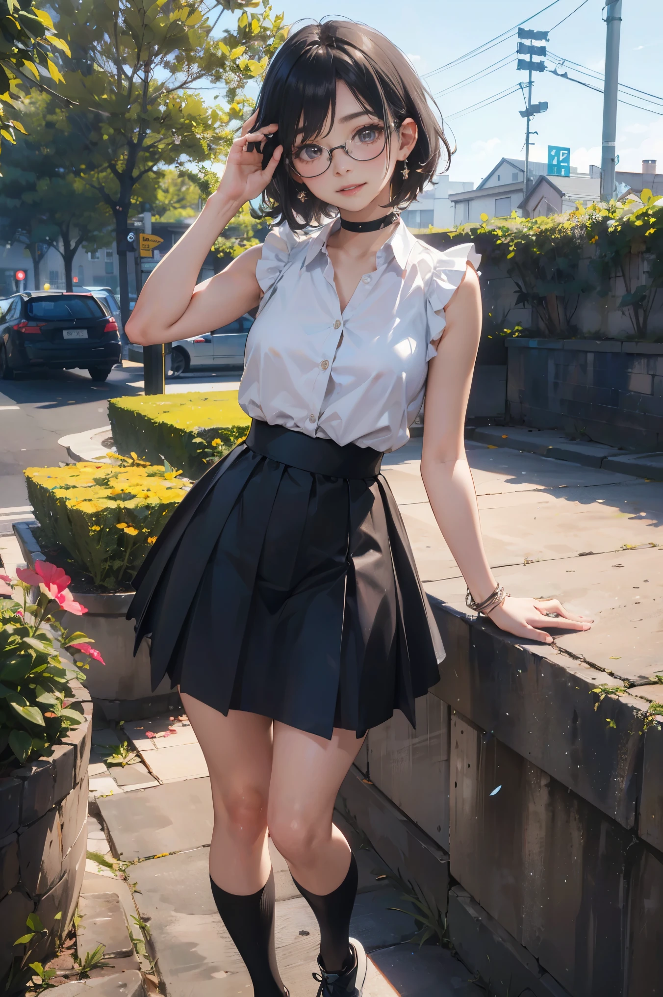 a 20 yo woman、Black blue Hair、Bery short hair、Big smile、(hi-top fade:1.3)、dark themed、Muted Tones、Subdued Color、highly contrast、(natural skin textures、Hyper-Realism、Soft light、sharp)、best quality, ultra high res, (photorealistic:1.4), 1woman, sleeveless white button shirt, black skirt, black choker, ((glasses)), (Kpop idol), (aegyo sal:1), (platinum blonde grey hair:1), ((puffy eyes)), looking at viewer, full body, flowers、