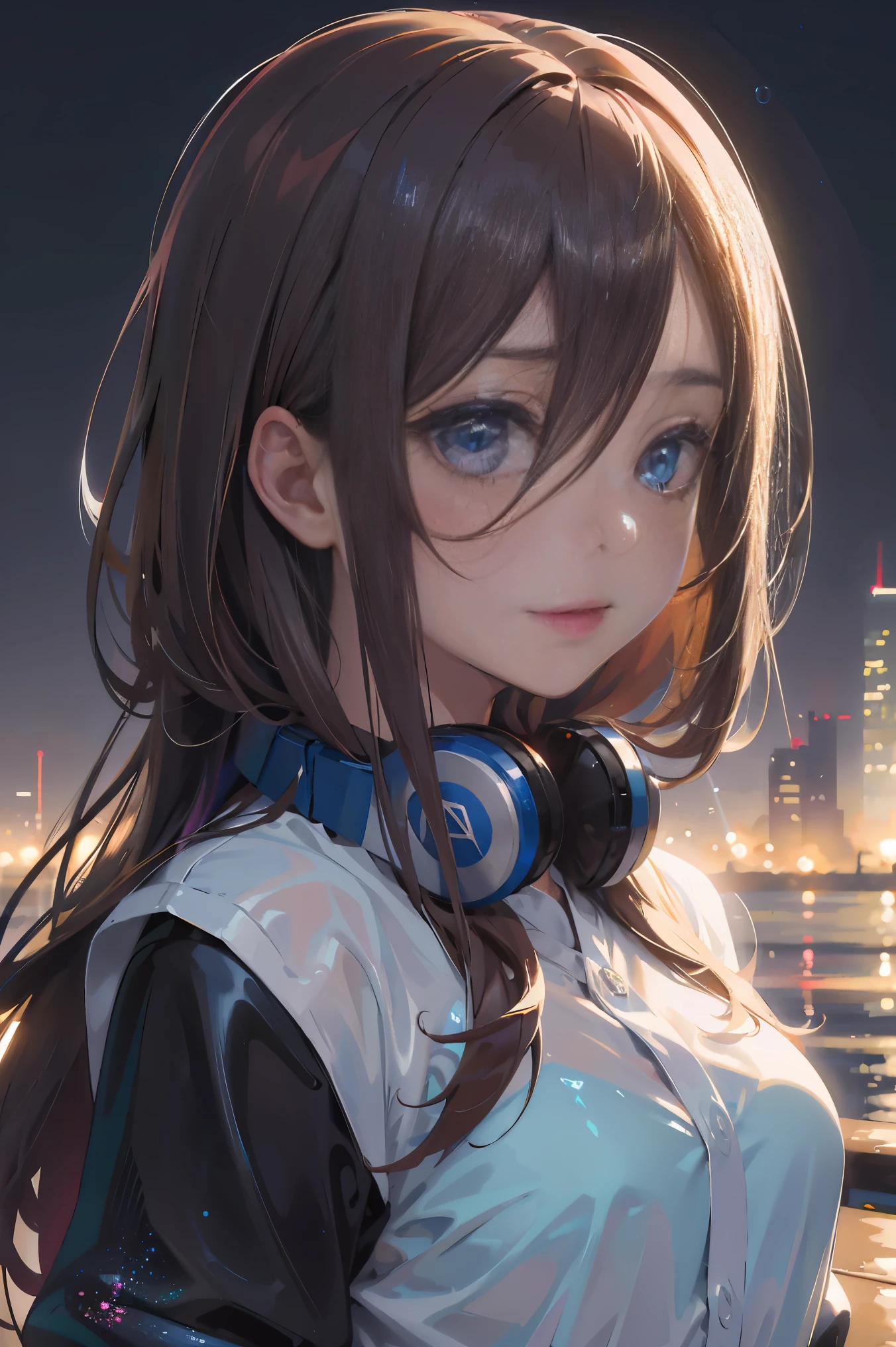 Official art, Unity 8k Wallpapers, ultra-detailliert, Beautifully Aesthetic, ​masterpiece, top-quality, realisitic, a closeup, Skindentation, interface, A detailed eye, A detailed face, detailed hairs, black backgrounds, straight-on, looking at the viewers, The sheen, Anime, looking at viewer with a cigarette in her mouth, highly detailed with reflections transparent iridescent opaque jacket, Long transparent iridescent RGB hair, 1girl in, Solo, fronds, Long hair, Blurry, Shirt,  Parted lips, Outdoors, Floating hair, Long sleeves, White shirt, Bangs, Upper body, Open mouth, tusk, Brown eyes, Wind, Winters，Yuki，snowscape，Blurry background, day, depth of fields, bug,The Bride of Fifths，Miku Nakano，Blue headset around the neck，Sparkling eyes，Eyes like a galaxy，