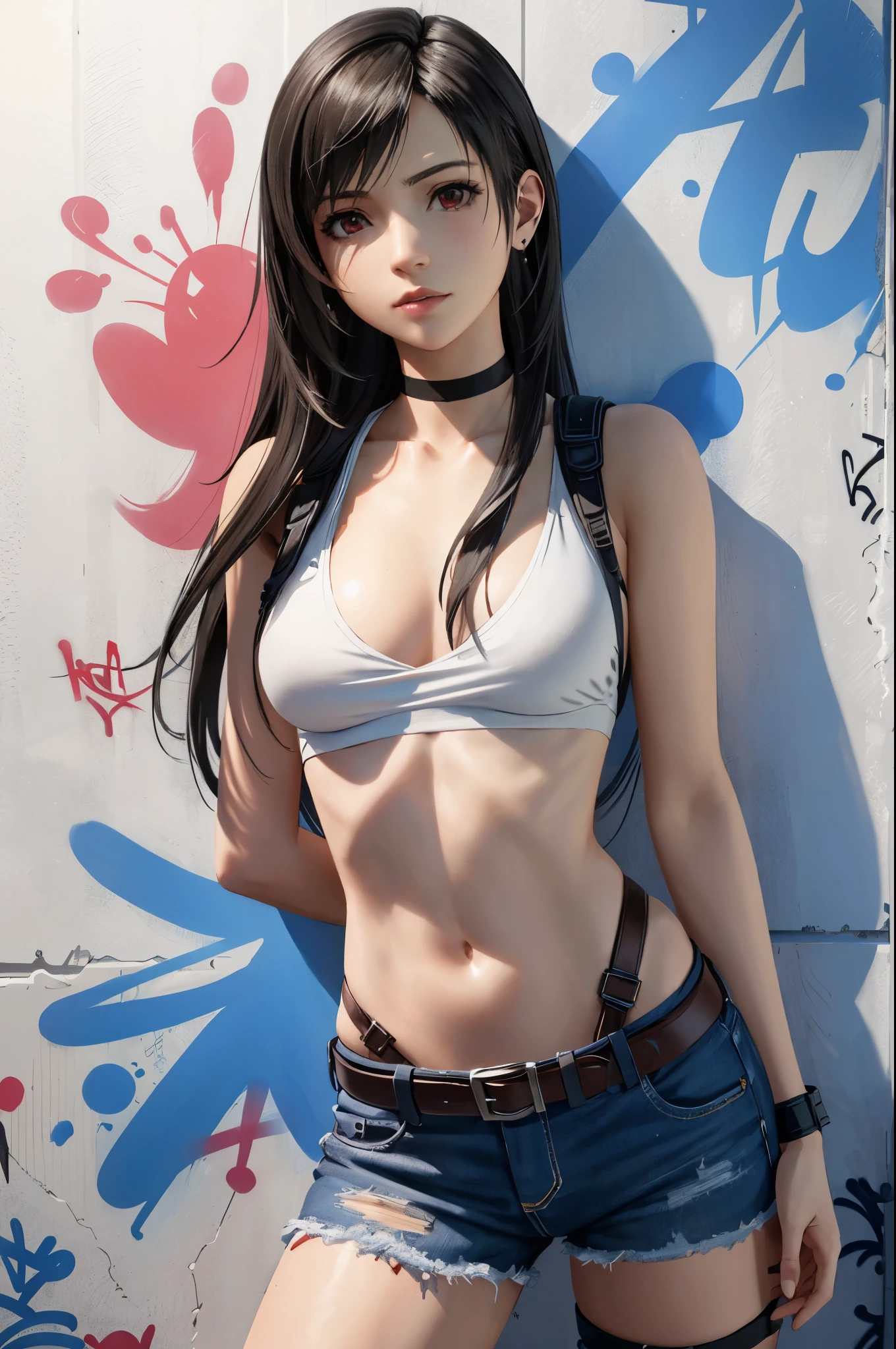 (top quality, masterpiece: 1.1), (Realistic: 1.3), wallpapers, BREAK (((FF7,Tifa_lockhart,solo))),Ultra-detailed face, Detailed eyes, Red eyes, BREAK (((FF7,Tifa_lockhart))),(black brown hair, Large breasts: 1.0), BREAK (graffiti:1.5), paint splatter, arms behind back, against wall, thigh strap, paint on body, head tilt, bored,{wearing a crop top, denim shorts, choker},(no bra),(no panties),(Small and beautiful hard nipple),About 18 years old, kawaii, headset,