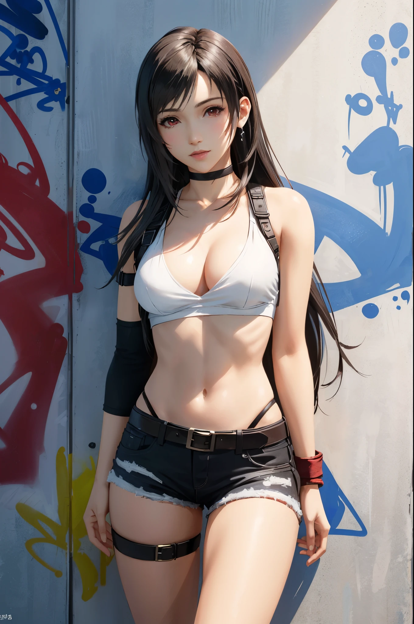 (top quality, masterpiece: 1.1), (Realistic: 1.3), wallpapers, BREAK (((FF7,Tifa_lockhart,solo))),Ultra-detailed face, Detailed eyes, Red eyes, BREAK (((FF7,Tifa_lockhart))),(black brown hair, Large breasts: 1.0), BREAK (graffiti:1.5), paint splatter, arms behind back, against wall, thigh strap, paint on body, head tilt, bored,{wearing a crop top, denim shorts, choker},(no bra),(no panties),(Small and beautiful hard nipple),About 18 years old, kawaii, headset,