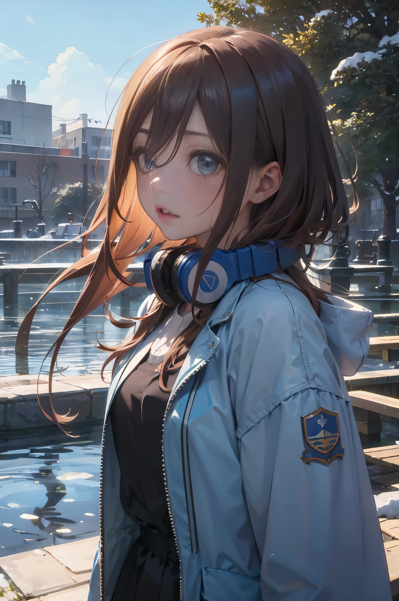 Official art, Unity 8k Wallpapers, ultra-detailliert, Beautifully Aesthetic, masterpiece, top-quality, realisitic, a closeup, Skindentation, interface, A detailed eye, A detailed face, detailed hairs, black backgrounds, straight-on, looking at the viewers, The sheen, Anime, looking at viewer with a cigarette in her mouth, highly detailed with reflections transparent iridescent opaque jacket, Long transparent iridescent RGB hair, 1girl in, Solo, fronds, Long hair, Blurry, Shirt, Parted lips, Outdoors, Floating hair, Long sleeves, White shirt, Bangs, Upper body, Open mouth, tusk, Brown eyes, Wind, Winters,Yuki,snowscape,Blurry background, day, depth of fields, bug,The Bride of Fifths,Miku Nakano,Blue headset around the neck,