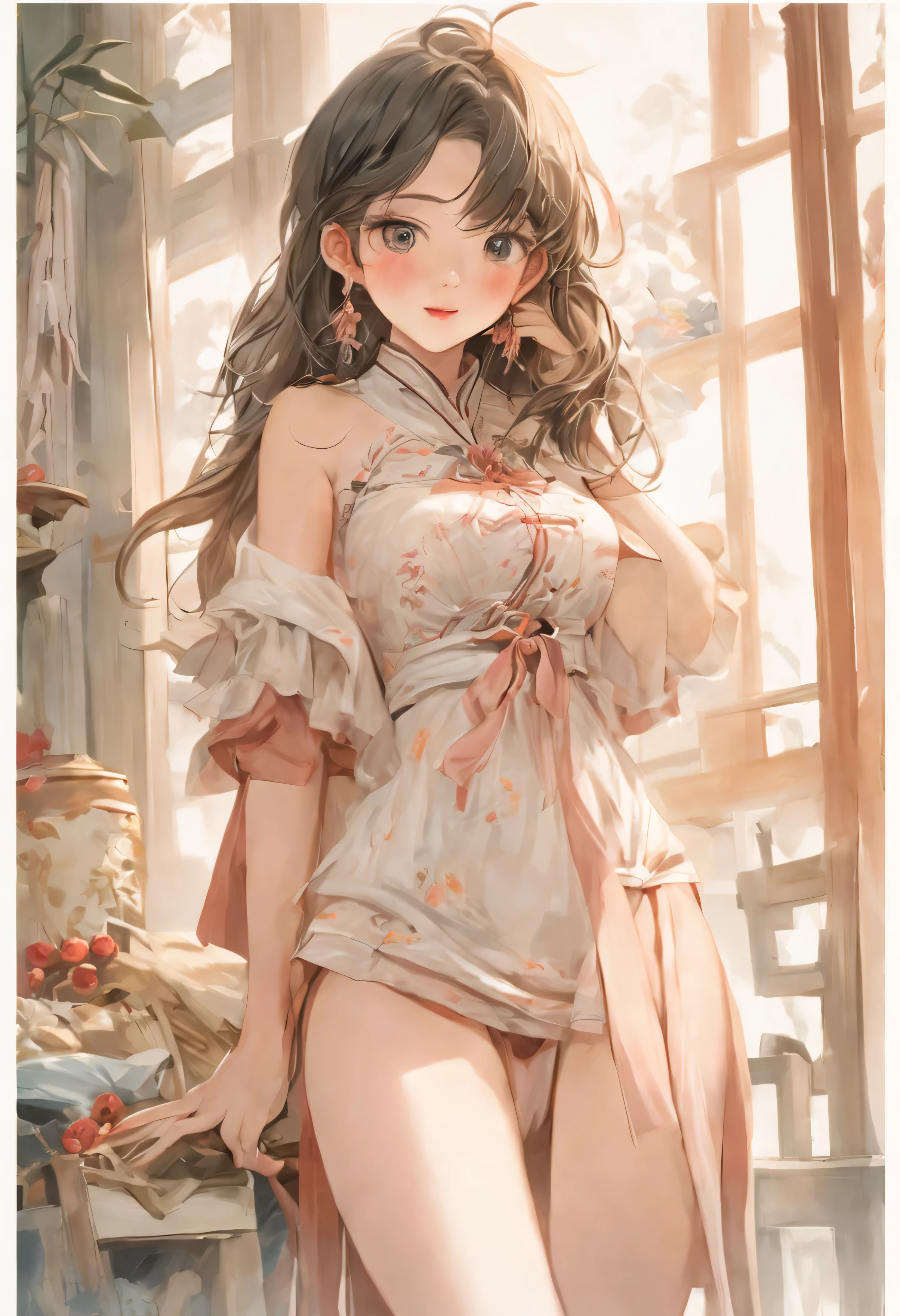 China dress、mature woman、big breasts、big ass、valley、underwear、panty shot、Low - Angle、troubled face、blush、slit