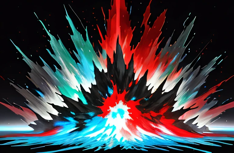 five magic elements of different colors, one blue, one red, one white, one black, one green, chaos, no persons only magic, red background, explosion, destruction, magical