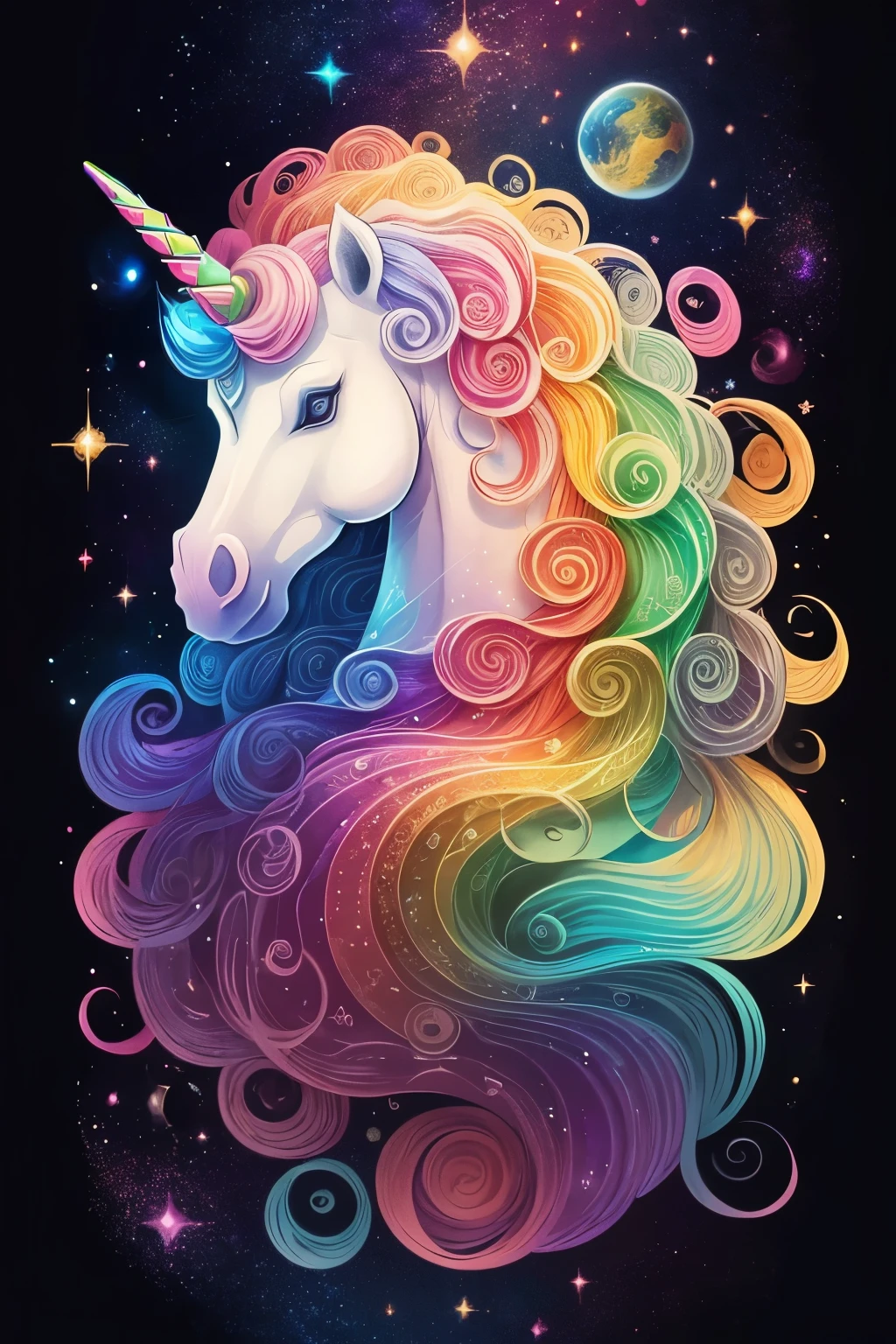 ((animal,unicorn,curly wavy rainbow)),美しいunicorn,(highest quality,High resolution:1.2),super detailed,fine brush strokes,Colorful palette:No Rainbow,studio lighting,想像力豊かなunicorn,beautifully decorated mane,sparkling eyes:2.2,Flowing mane and tail,bright and vibrant colors,Playful and happy expression,Fantastic and magical atmosphere,Dreamy background with celestial bodies,Elaborate and intricate Zentangle patterns,dynamic,illusion of movement and depth,Mythical creatures and enchanting landscapes,magic light and shine,Explosion of bright colors and celestial bodies,Flowing swirling starry sky,Thick impasto strokes characteristic of Van Gogh,Starry sky swirl and paint swirl,(fantasy，hand-drawn style，like an illustration),(soft color palette，pop，fancy)