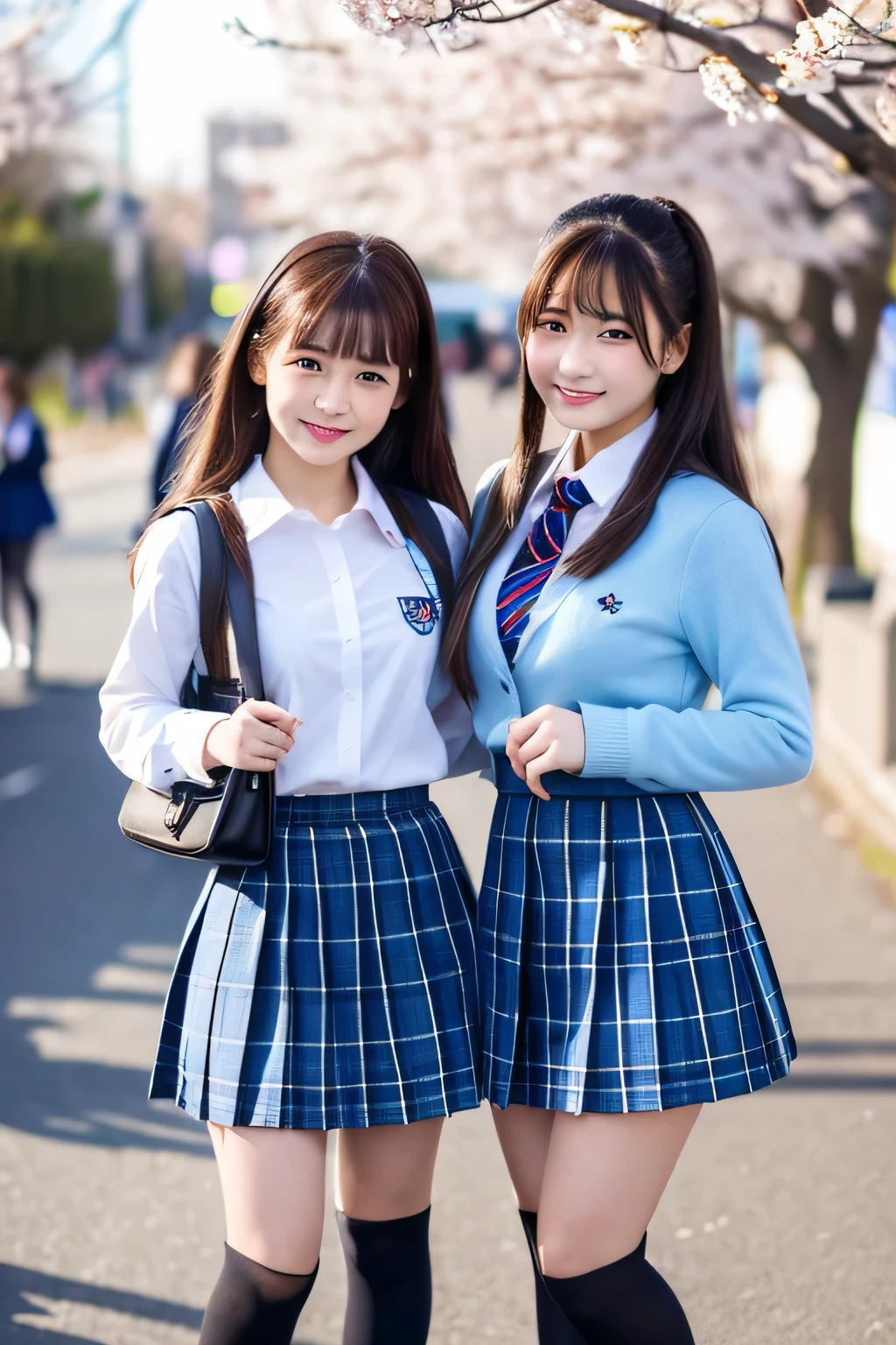 (masterpiece, beautiful and fine eyes: 1.2), Super detailed, shape, 2 girls, detailed background, school uniform, blue check skirt,knee high, after school, walk down the street, shoulder bag, smile, Cherry Blossom, early spring, full body portrait