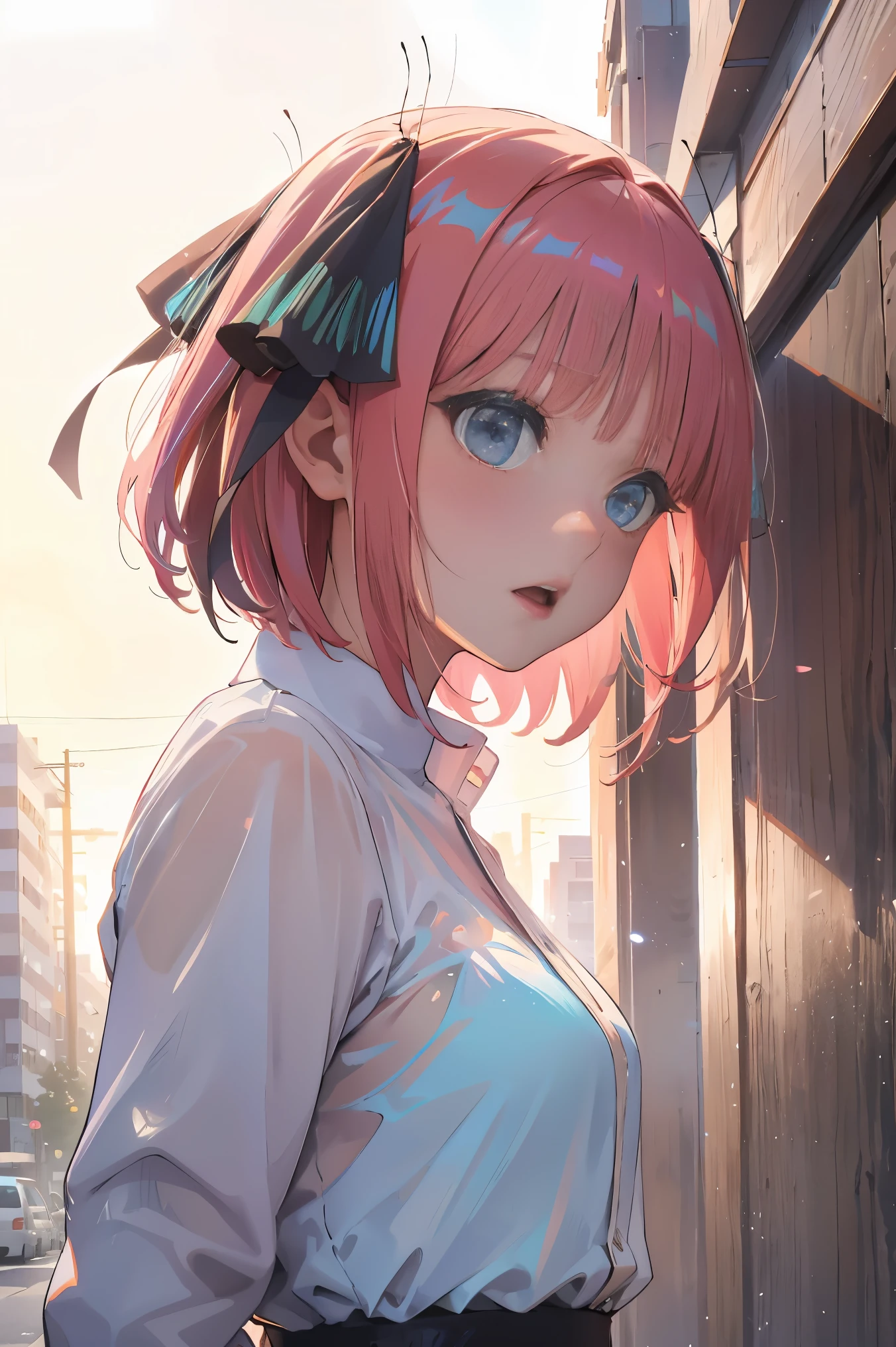 Official art, Unity 8k Wallpapers, ultra-detailliert, Beautifully Aesthetic, masterpiece, top-quality, realisitic, a closeup, Skindentation, interface, A detailed eye, A detailed face, detailed hairs, black backgrounds, straight-on, looking at the viewers, The sheen, Anime, highly detailed with reflections transparent iridescent opaque jacket, Long transparent iridescent RGB hair, 1girl in, Solo, fronds, Long hair, Blurry, Shirt, Parted lips, Outdoors, Floating hair, Long sleeves, White shirt, Bangs, Upper body, Open mouth, tusk, Brown eyes, Wind, Winters,Yuki,snowscape,Blurry background, day, depth of fields, bug,The Bride of Fifths,Jino Nakano,A pink-haired,short-hair,