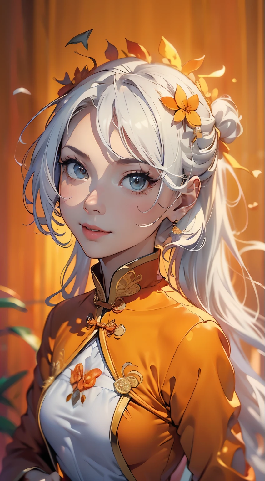 (Official art、Best Quality、Unity 8k Wallpapers、32K、​masterpiece、ultra-detailliert、超A high resolution、realisitic、Photorealsitic、Very ridiculous:1.2)、(Cinematic lighting:1.2)、Fireglow effect、film grains、Best Shadows、Rim lighting、side lights、(Ultra-detailed and complex 3D rendering)、Detailed beautiful face and eyes、Sharp pupils、Realistic pupils、A slender、１Woman、Medium bust、 beauitful face、(16-year-old beautiful girl)、((Small breast:1.5, smallchest:1.5)), (super detailed skin、detailed skin textures:1.3)、((White hair:1.5)) ,(shoulder-length hair:1.5).((Modern Aodai:1.5)) ,  stylish and unique Vietnamese Aodai :1.5 , (wearing a Orange peel colored Vietnamese Aodai:1.5),(Hunyadi yellow decorative motifs of Vietnamese Aodai:1.5),  (excited expression:1.5) , ((cute provocative smile:1.5)) , ((look towards the viewer))