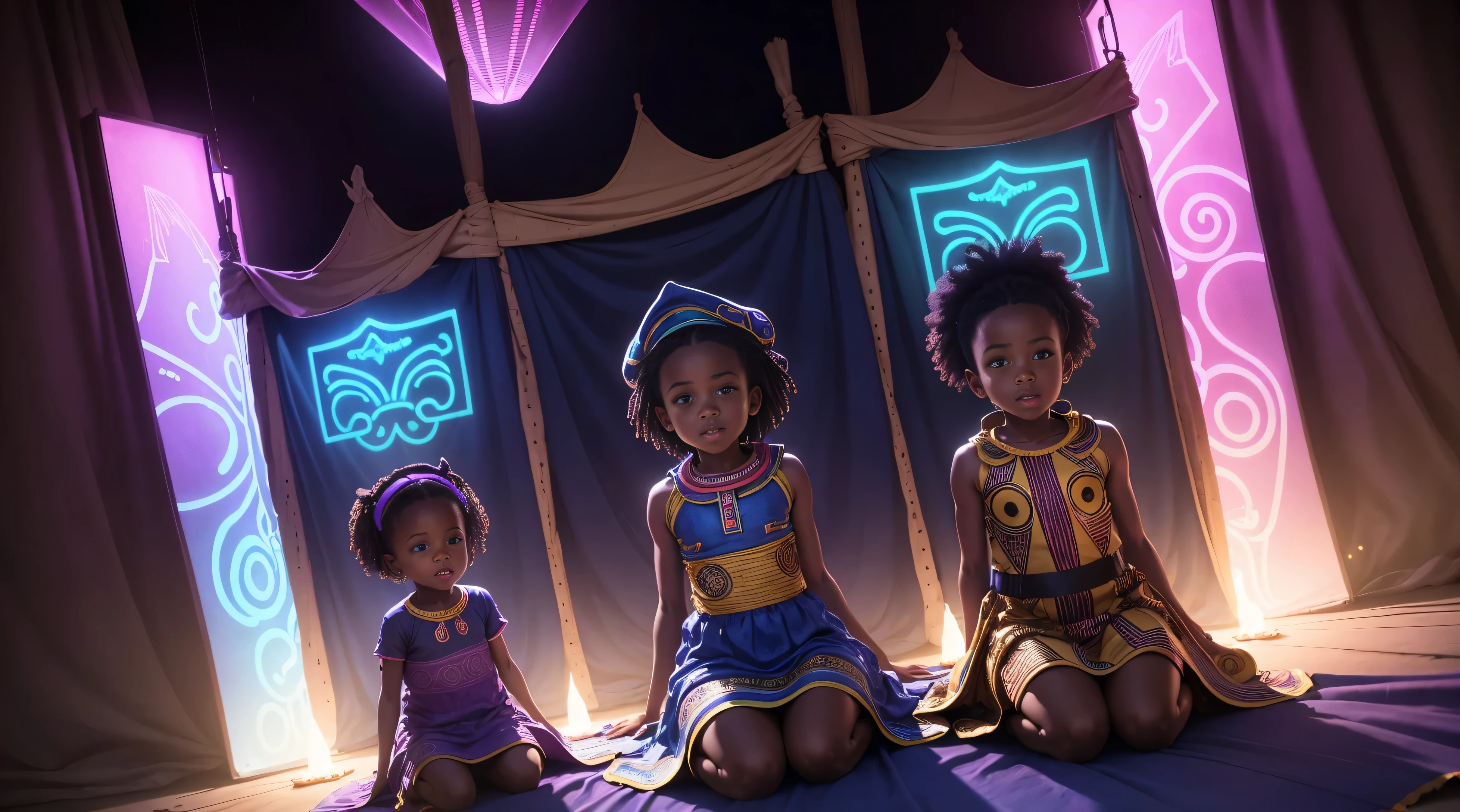 Wide angle shot of a Beautiful happy African babies dressed in African designed clothes, made of hides and leather, sitting in a neon lit bouncing castle with African designs on it, bouncing castle full of African designed bouncing neon lit marble balls, shining particles in the air, dark interior with African designs in the scene shining blue and violet colours in the scene, giving a scene a blue and velvet cinematic look, with iridescent light, hyper-realistic image, 32k, ultra HD, cinematic lighting --auto --s2