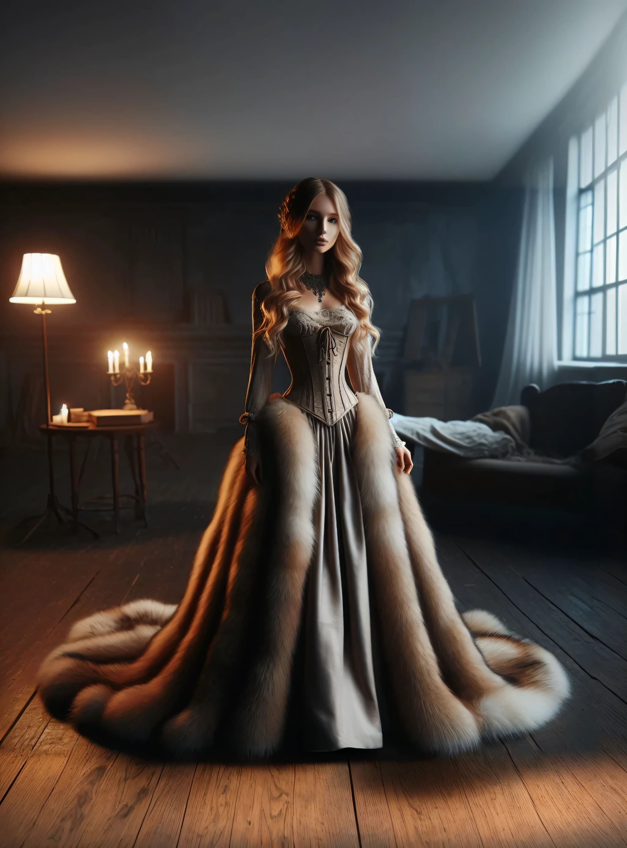image of a woman in a fur dress in a dark room, volumetric fur, dramatic cinematic detailed fur, in a gorgeous dress, royal dress, expensive voluminous dress, in an elegant dress, Natural fur, extravagant dress, Elegant lady with alabaster skin, wear fantasy formal wear, (wooden floor), ornate dress, high-quality render