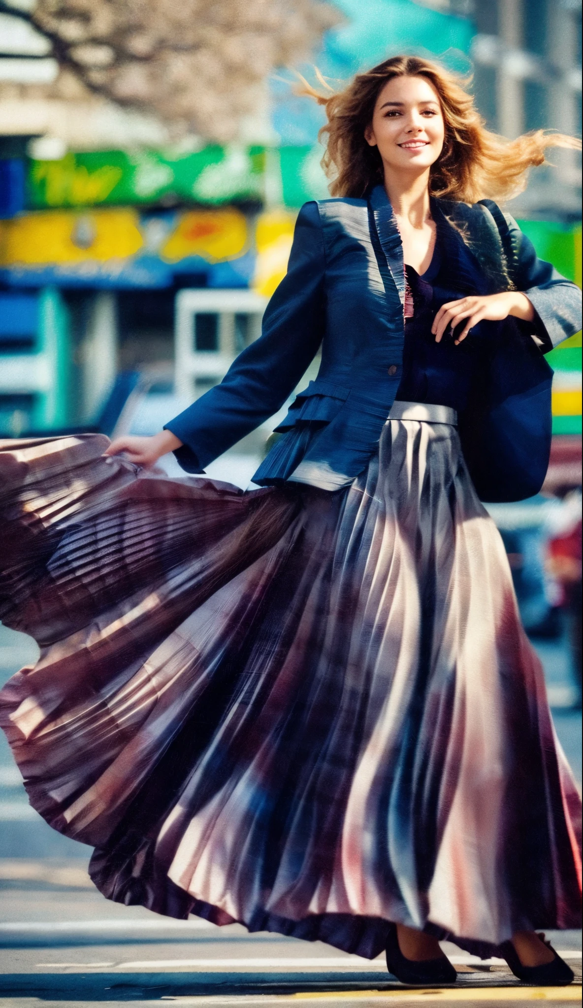 A smiling, authentic, (shy:1,3), kind, beautiful woman, is passionately in love with her skirt, while wind lifts her skirt, wearing short blazer and very very detailed (long (fully pleated:2) full circle skirt) and (low heeled court shoes), very very intricate hyper-detailed symmetric (attractive graceful young feminine face) with (sad, tired eyes and a loving smile), large breasts, full of empathy and compassion and love, (pronounced (feminine) features), (highly detailed ultra accurate realistic) hands and fingers, (windy), epic composition, highly detailed attributes, (35mm f1.4 Kodak portra 400 photograph), extremely high quality RAW photograph, highly detailed atmosphere, sci-fi, cinematic shot, dynamic lighting, 75mm, Technicolor, Panavision, cinemascope, sharp focus, fine details, 8k, HDR, realism, realistic, key visual, film still, superb cinematic color grading, depth of field