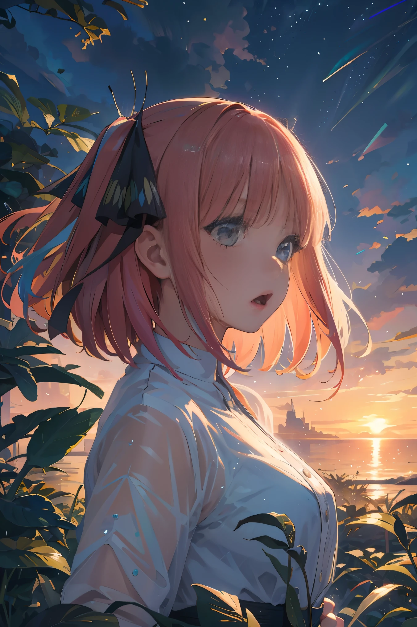 Official art, Unity 8k Wallpapers, ultra-detailliert, Beautifully Aesthetic, masterpiece, top-quality, realisitic, a closeup, Skindentation, interface, A detailed eye, A detailed face, detailed hairs, black backgrounds, straight-on, looking at the viewers, The sheen, Anime, highly detailed with reflections transparent iridescent opaque jacket, Long transparent iridescent RGB hair, 1girl in, Solo, fronds, Long hair, Blurry, Shirt, Parted lips, Outdoors, Floating hair, Long sleeves, White shirt, Bangs, Upper body, Open mouth, tusk, Brown eyes, Wind, Winters,Yuki,snowscape,Blurry background, day, depth of fields, bug,The Bride of Fifths,Jino Nakano,A pink-haired,short-hair,