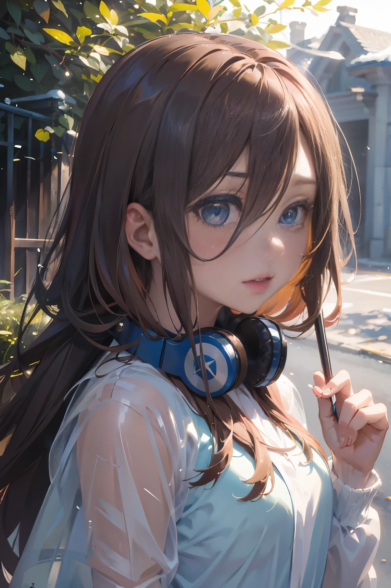 Official art, Unity 8k Wallpapers, ultra-detailliert, Beautifully Aesthetic, ​masterpiece, top-quality, realisitic, a closeup, Skindentation, interface, A detailed eye, A detailed face, detailed hairs, black backgrounds, straight-on, looking at the viewers, The sheen, Anime, looking at viewer with a cigarette in her mouth, highly detailed with reflections transparent iridescent opaque jacket, Long transparent iridescent RGB hair, 1girl in, Solo, fronds, Long hair, Blurry, Shirt,  Parted lips, Outdoors, Floating hair, Long sleeves, White shirt, Bangs, Upper body, Open mouth, tusk, Brown eyes, Wind, Winters，Yuki，snowscape，Blurry background, day, depth of fields, bug,The Bride of Fifths，Miku Nakano，Blue headset around the neck，