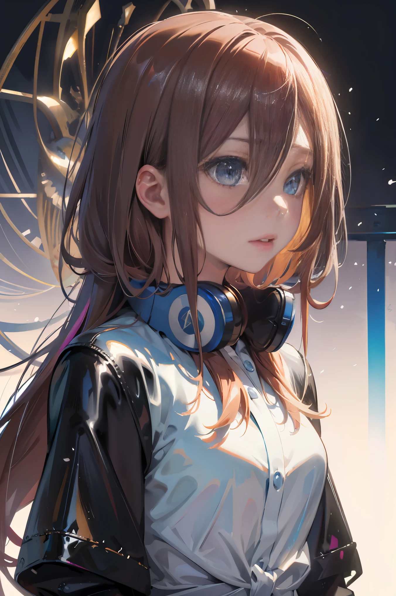 Official art, Unity 8k Wallpapers, ultra-detailliert, Beautifully Aesthetic, ​masterpiece, top-quality, realisitic, a closeup, Skindentation, interface, A detailed eye, A detailed face, detailed hairs, black backgrounds, straight-on, looking at the viewers, The sheen, Anime, looking at viewer with a cigarette in her mouth, highly detailed with reflections transparent iridescent opaque jacket, Long transparent iridescent RGB hair, 1girl in, Solo, fronds, Long hair, Blurry, Shirt,  Parted lips, Outdoors, Floating hair, Long sleeves, White shirt, Bangs, Upper body, Open mouth, tusk, Brown eyes, Wind, Winters，Yuki，snowscape，Blurry background, day, depth of fields, bug,The Bride of Fifths，Miku Nakano，Blue headset around the neck，