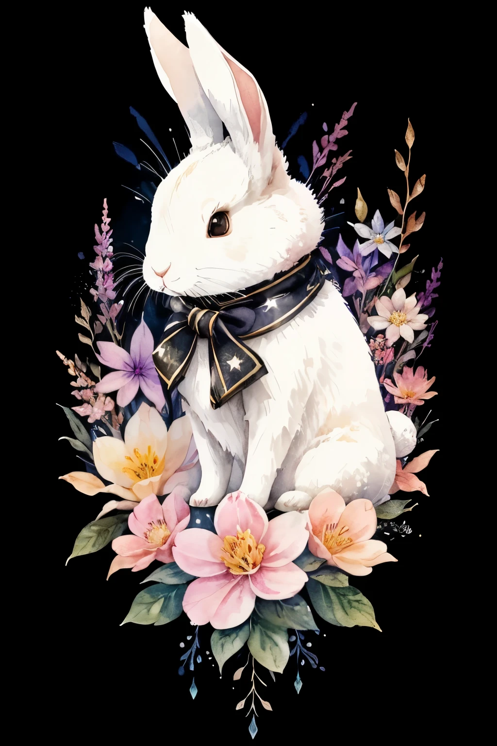 ((animal,watercolor painting,Rabbit,rabbit)),white,cute,adorable,色とりどりのflowerのアート ,頭にflowerかんむり,Wearing a ribbon around his neck,flower,front view, action shot, Bright colors, high detail, logo design, Neo-Traditional Tattoo Styles, 2D, planar vector, Character Design, fantasy art,watercolor paintingのテクニック, watercolor effect, Watercolor abstract,glitter effect,colorful, flowerびらに浮かぶ優しい水滴,star, shine,like a tarot card,black background,digital painting, pop,fancy, sticker