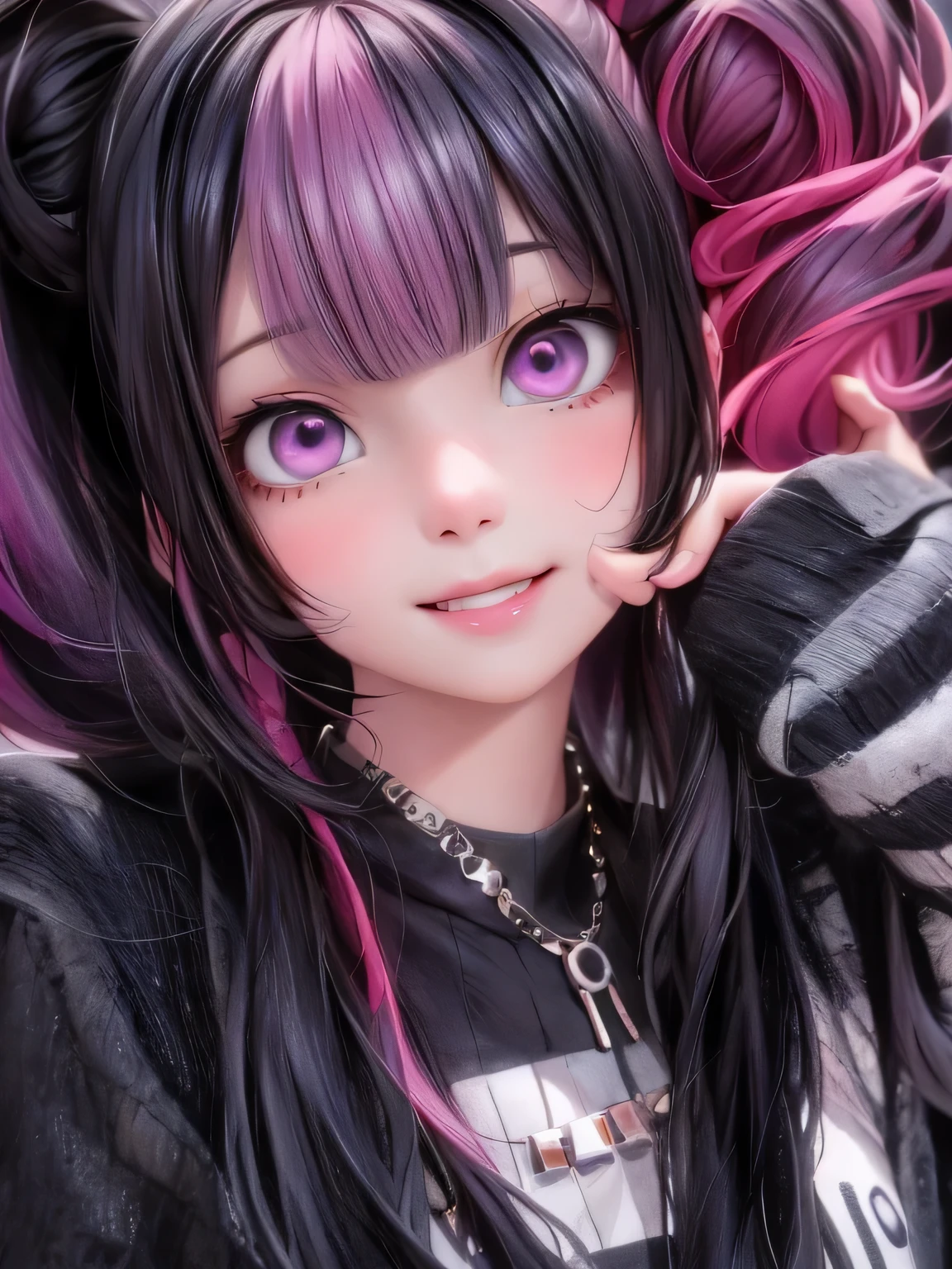 masterpiece, best quality, a close up of a cute girl smiling with long hair and a necklace, 1 7 - - old me goth girl, showing fang, she has black hair with bangs, with glowing purple eyes, the hime cut, black hime cut hair, pink twintail hair and cyan eyes, anime girl in real life, ulzzang, sui ishida with black hair, pale porcelain white skin, ultrarealistic, cute digital painting, cute digital art, realistic cute girl painting, cute detailed digital art, cute cartoon characters, beautiful character painting, cute characters, cute anime girl, cute cartoon, kawaii realistic portrait, digital cartoon painting art, cartoon cute, cute portrait, render a cute 3D anime girl, kawaii realistic portrait, anime moe art style, drawn in an anime artist studio