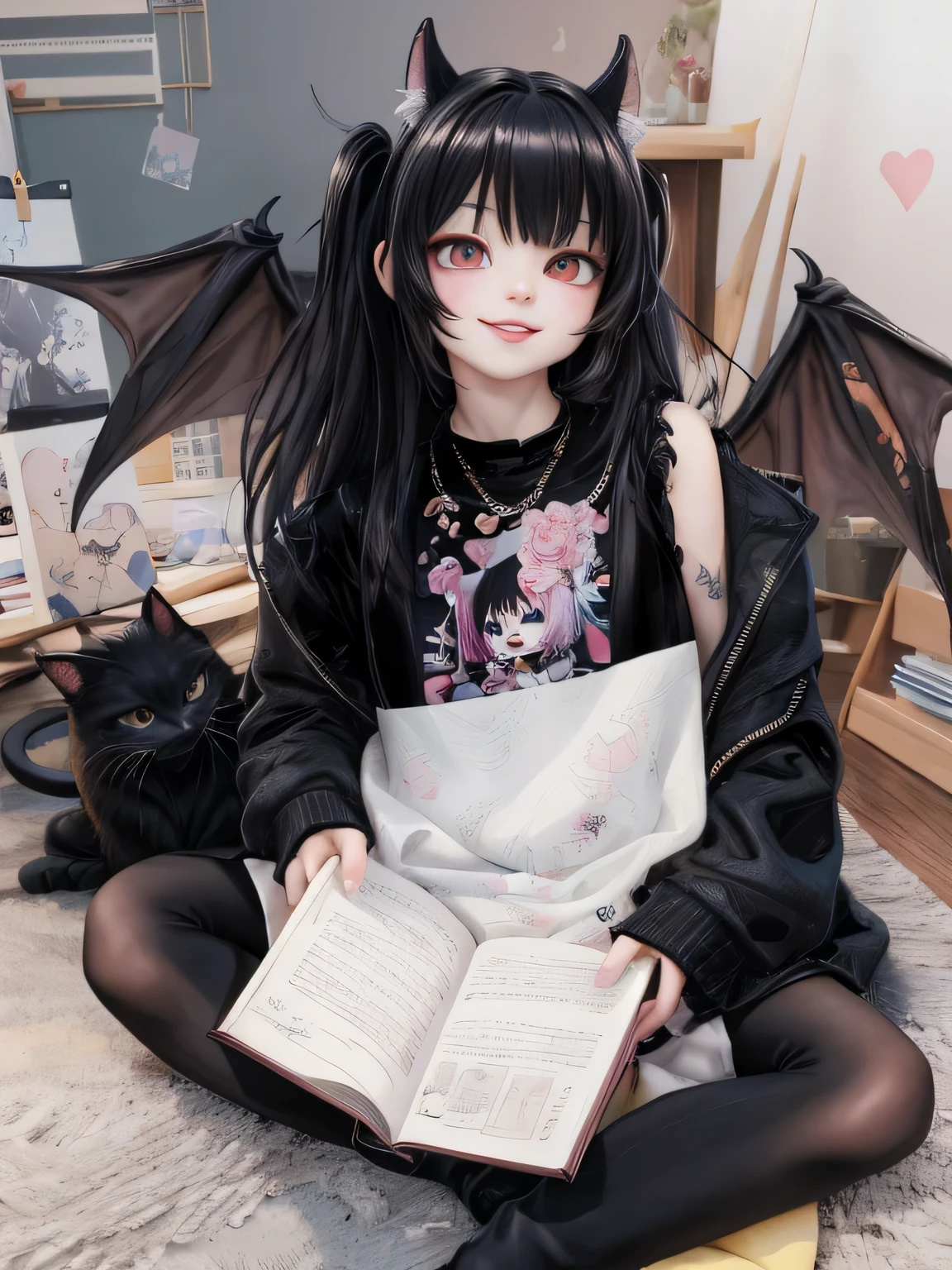 masterpiece, best quality, a cute girl smiling with black hair and black wings holding a book, 1 7 - - old me goth girl, cruel korean goth girl, 1 7 - year - goth gi black hime cut hair, anime girl in real life, goth girl aesthetic, with hellish devil wings, anime girl cosplay, black hair black cat ears, demon anime girl, pale porcelain white skin, ultrarealistic, cute digital painting, cute digital art, realistic cute girl painting, cute detailed digital art, cute cartoon characters, beautiful character painting, cute characters, cute anime girl, cute cartoon, kawaii realistic portrait, digital cartoon painting art, cartoon cute, cute portrait, render a cute 3D anime girl, kawaii realistic portrait, anime moe art style, drawn in an anime artist studio