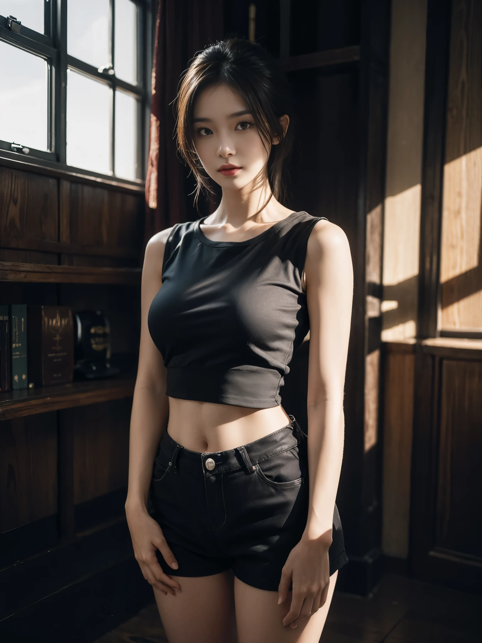 best quality, masterpiece level, intricate details, High-precision graphics, Ultra HD quality, Detailed shadows, Wonderful atmosphere, dark background, shadow effect, local light, a beautiful girl, Solo performance, The face and eyes are exquisite and detailed, Really fit the skin, Black and white contrast scheme, High waist and slim leg lines, With shorts, (Sleeveless T-shirt top, full body demonstration),