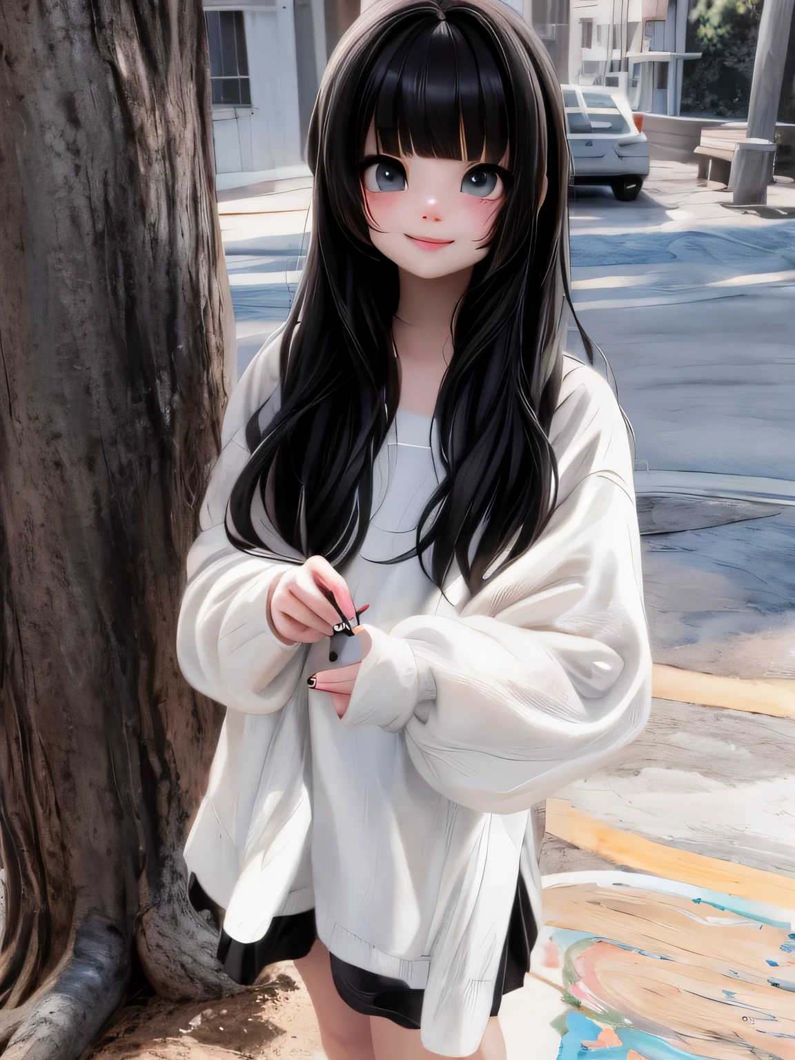 masterpiece, best quality, a cute girl smiling with long black hair standing next to a tree, ulzzang, long dark hair with bangs, long black hair with bangs, white hime cut hairstyle, black hair and white bangs, she has black hair with bangs, black hime cut hair, long hair with full bangs, long white hair and bangs, whitebangsblackhair, long hair with bangs, pale porcelain white skin, ultrarealistic, cute digital painting, cute digital art, realistic cute girl painting, cute detailed digital art, cute cartoon characters, beautiful character painting, cute characters, cute anime girl, cute cartoon, kawaii realistic portrait, digital cartoon painting art, cartoon cute, cute portrait, render a cute 3D anime girl, kawaii realistic portrait, anime moe art style, drawn in an anime artist studio
