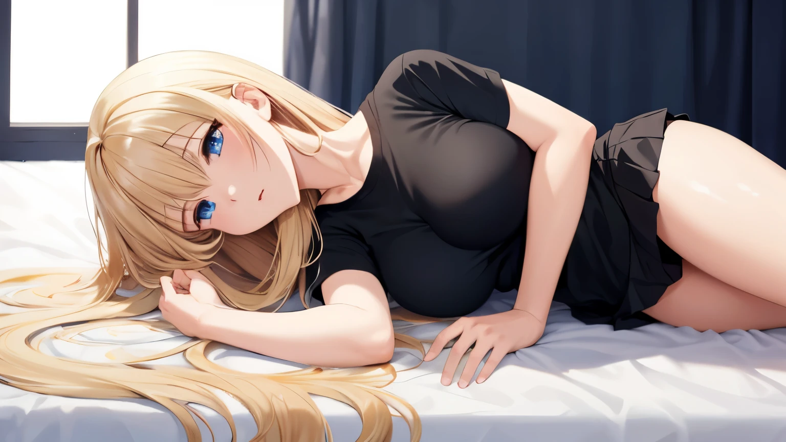 1woman,Lie down,super beautiful,cute,very detailed face, full body,HD face, perfect face,black t-shirt,short sleeve t-shirt,black mini skirt, ruffle skirt,very big breasts,Blonde hair,long hair,straight hair,bangs,blue eyes,ultra detail,ultra Hd, masterpiece,4k