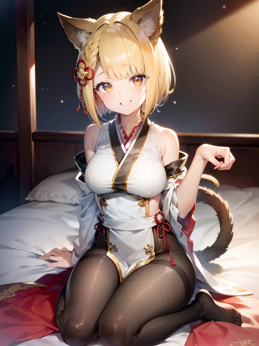 (best quality,highres,masterpiece:1.2),extremely detailed CG unity 8k wallpaper,ultra-detailed,1 girl,harmonious finger proportions, painting, pop art, (anime, anime coloring), mesugaki, an extremely cute girl, young cheeky girl, looking at viewer, sitting, seiza, cat pose, paw pose, mischievous expression, confident smile, grin, highlights in eyes, toddler, bottomless, on bed, vajradef, dog tail, black pantyhose, hair ornament, japanese clothes, bare shoulders, detached sleeves, wide sleeves, white pelvic curtain