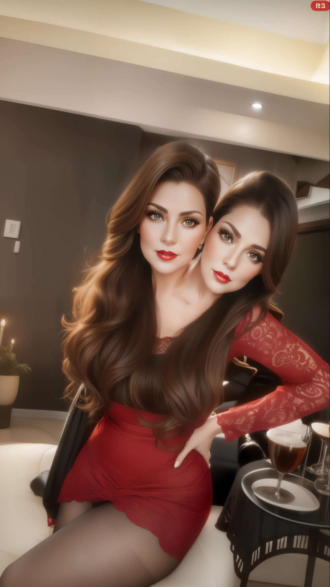 2 heads,Portrait of a 60 year old woman with brown hair, captivating gaze, brown eyes, wrinkles on her face, black pantyhose,She wears very sexy lingerie that reveals big saggy breasts, light makeup and red lips. 32K