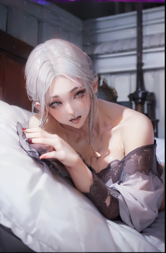 ((((woman seducing in bed:1.5)))),((Female 28 years old)),((highest quality:1.5)),(((Hands with the correct number and structure of fingers:1.4))),((big fish:1.37)),High resolution,Super detailedな,masterpiece,best quality,(eight-headed body),, long eyelashes, three-dimensional circle eyes, cast a shadow, atmospheric perspective,Super detailed, Accurate, big breasts,(Off-shoulder dress made of thin gray fabric :1.1),highest quality, blurred background, Bokeh:1.2, (masterpiece:1.3), atmospheric perspective,Super detailed,dynamic composition,